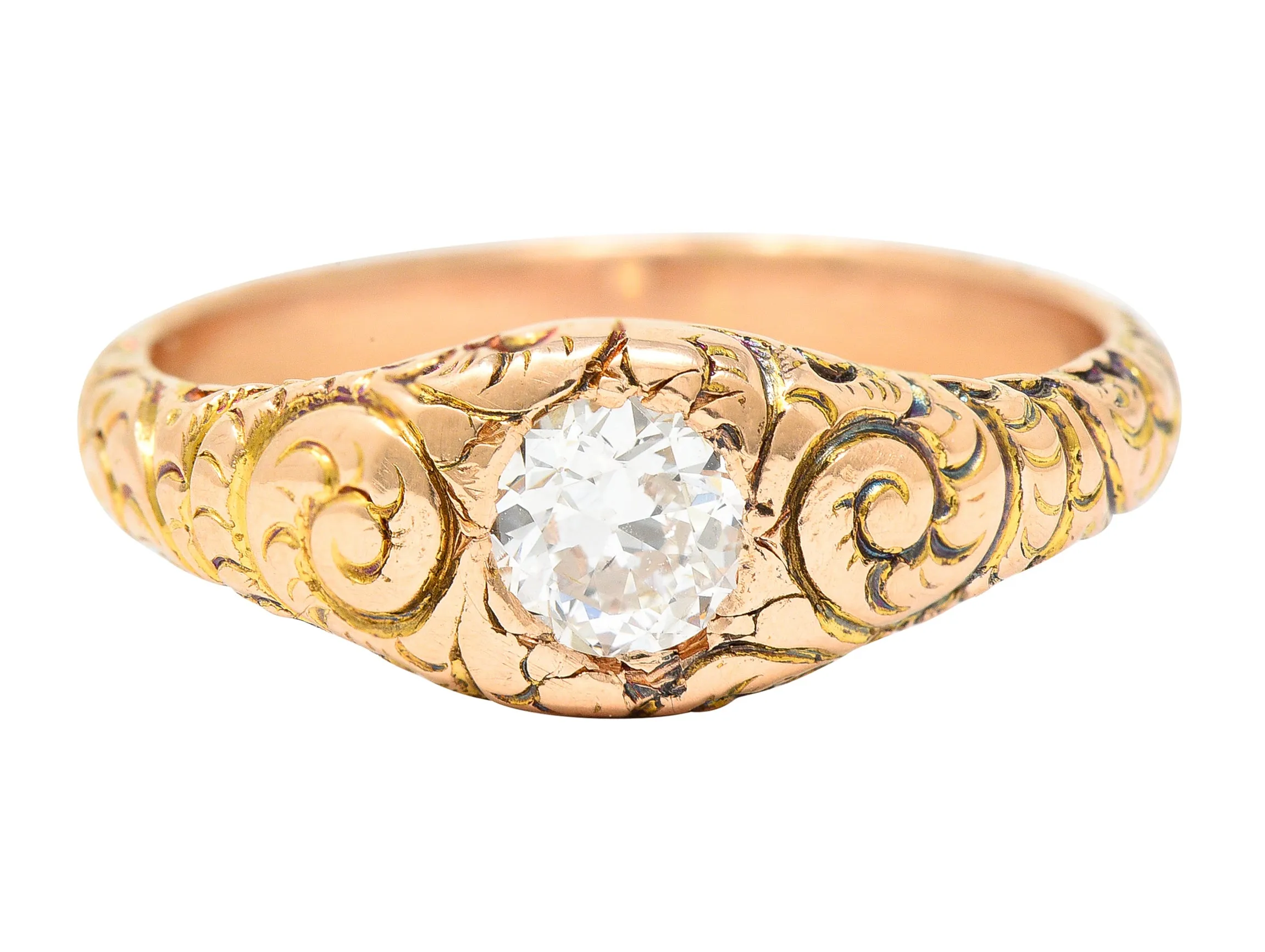 1880's Victorian 0.41 CTW Old Mine Diamond 14 Karat Yellow Gold Unisex Antique Gypsy Band Ring