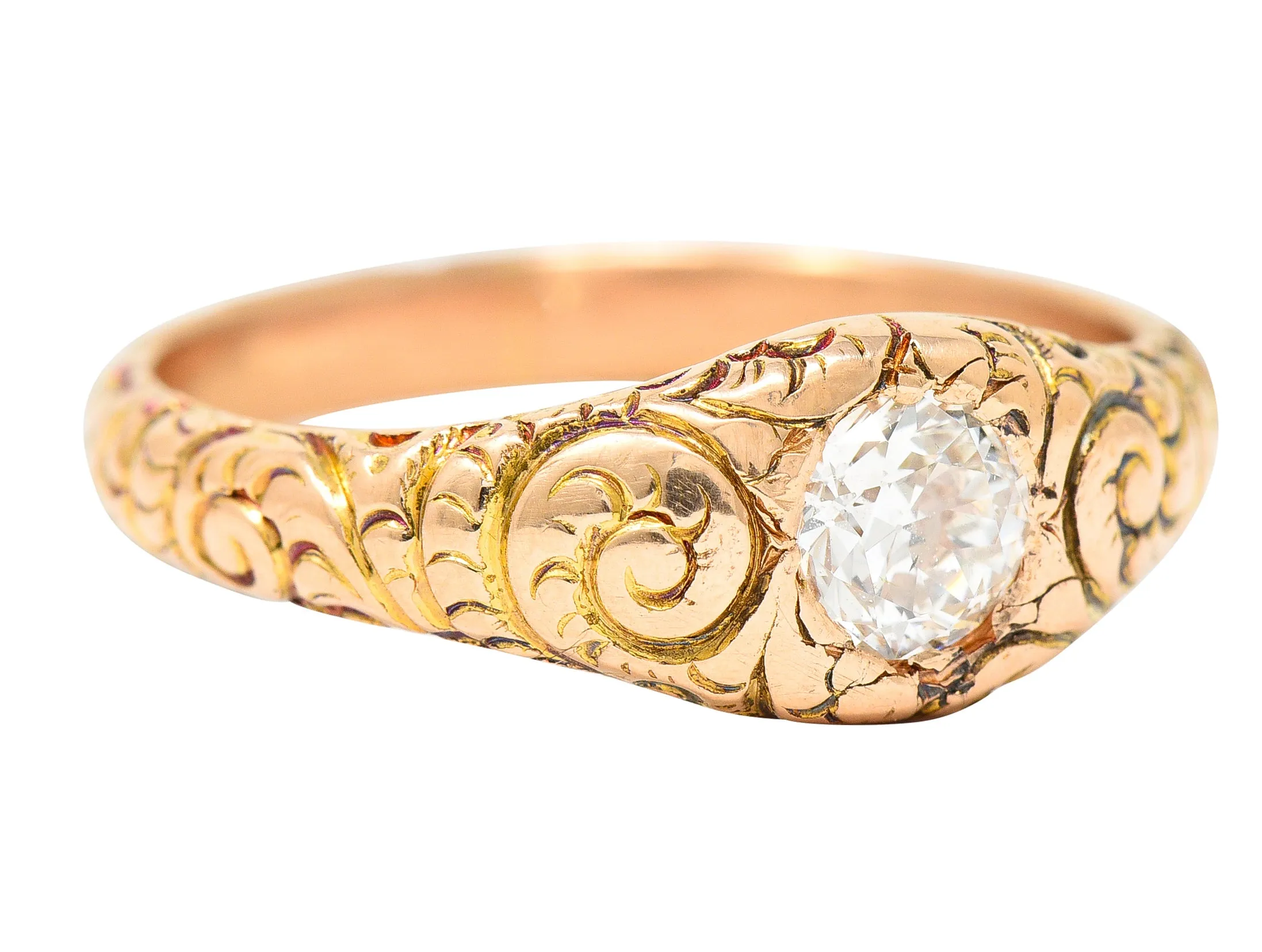 1880's Victorian 0.41 CTW Old Mine Diamond 14 Karat Yellow Gold Unisex Antique Gypsy Band Ring