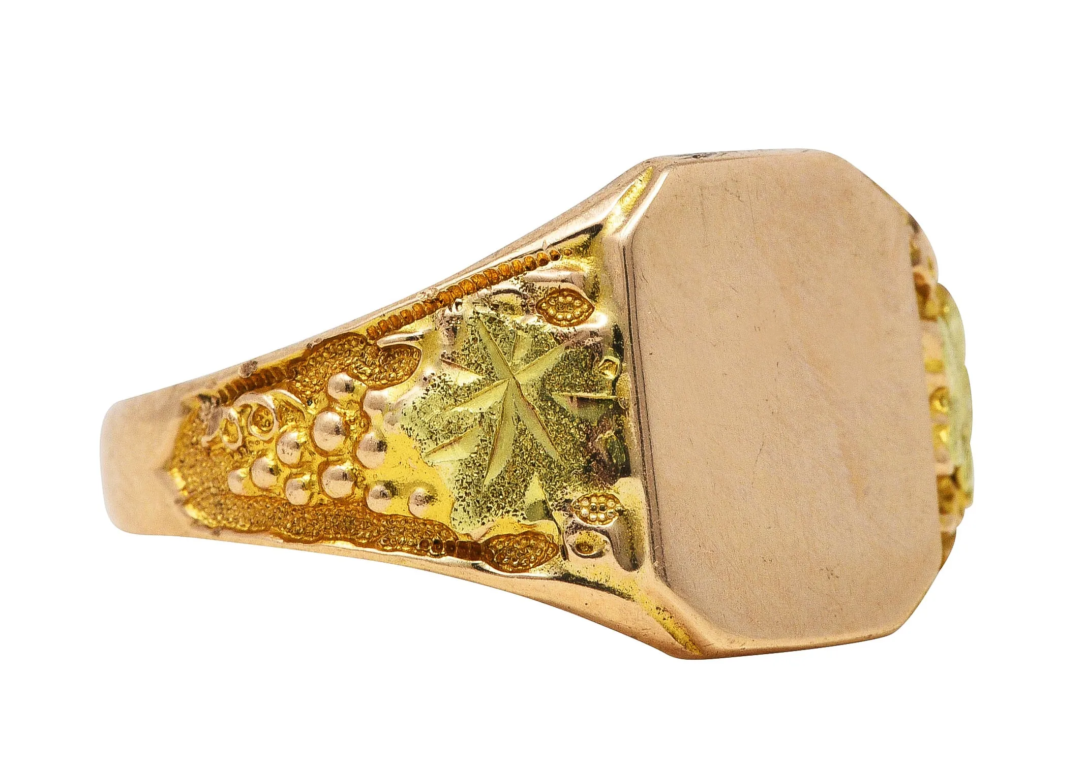 1880's Victorian 10 Karat Two-Tone Gold Grape Vine Unisex Antique Signet Ring