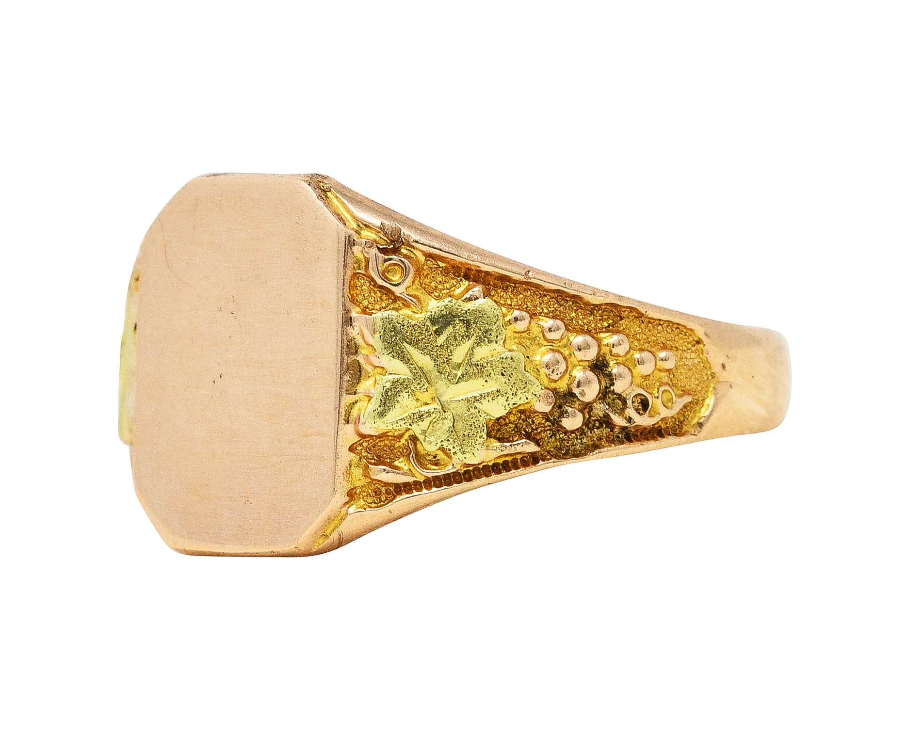 1880's Victorian 10 Karat Two-Tone Gold Grape Vine Unisex Antique Signet Ring