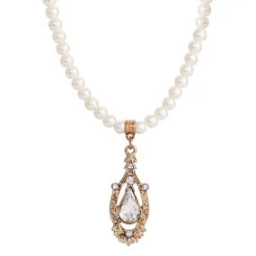 1928 Jewelry Ceremony 5mm Faux Pearl Strand Teardrop Crystal Pendant Necklace 14.5