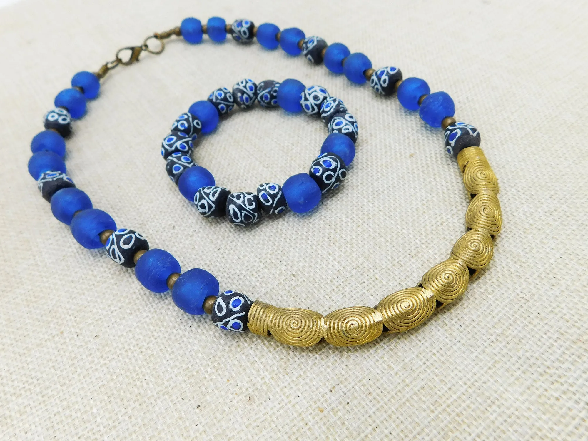 African Blue Beaded Necklace Handmade Black Owned Jewelry Set Bracelet Unisex