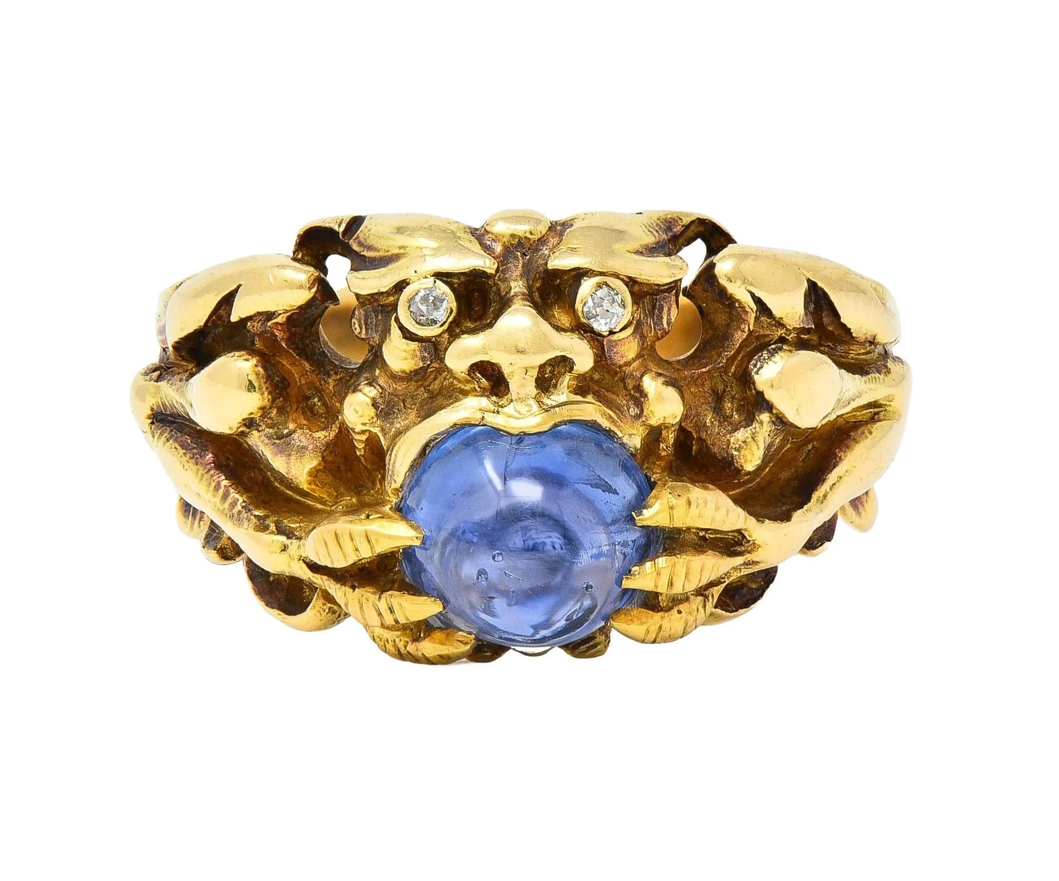 Art Nouveau 2.37 CTW Sapphire Cabochon Diamond 14 Karat Yellow Gold Antique Gargoyle Unisex Ring