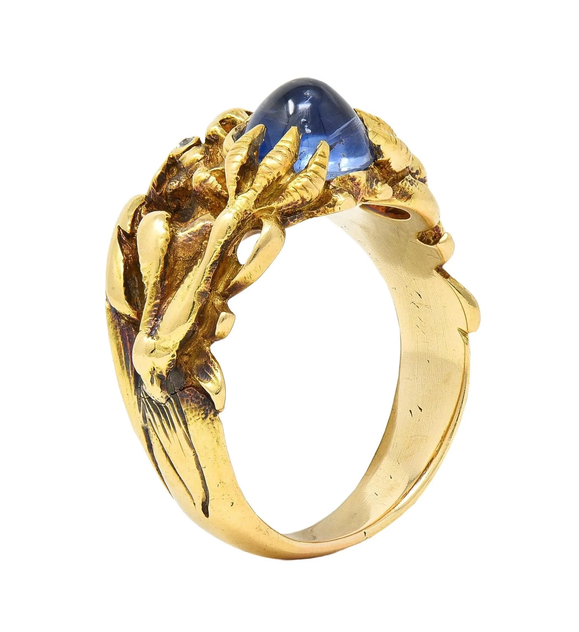 Art Nouveau 2.37 CTW Sapphire Cabochon Diamond 14 Karat Yellow Gold Antique Gargoyle Unisex Ring