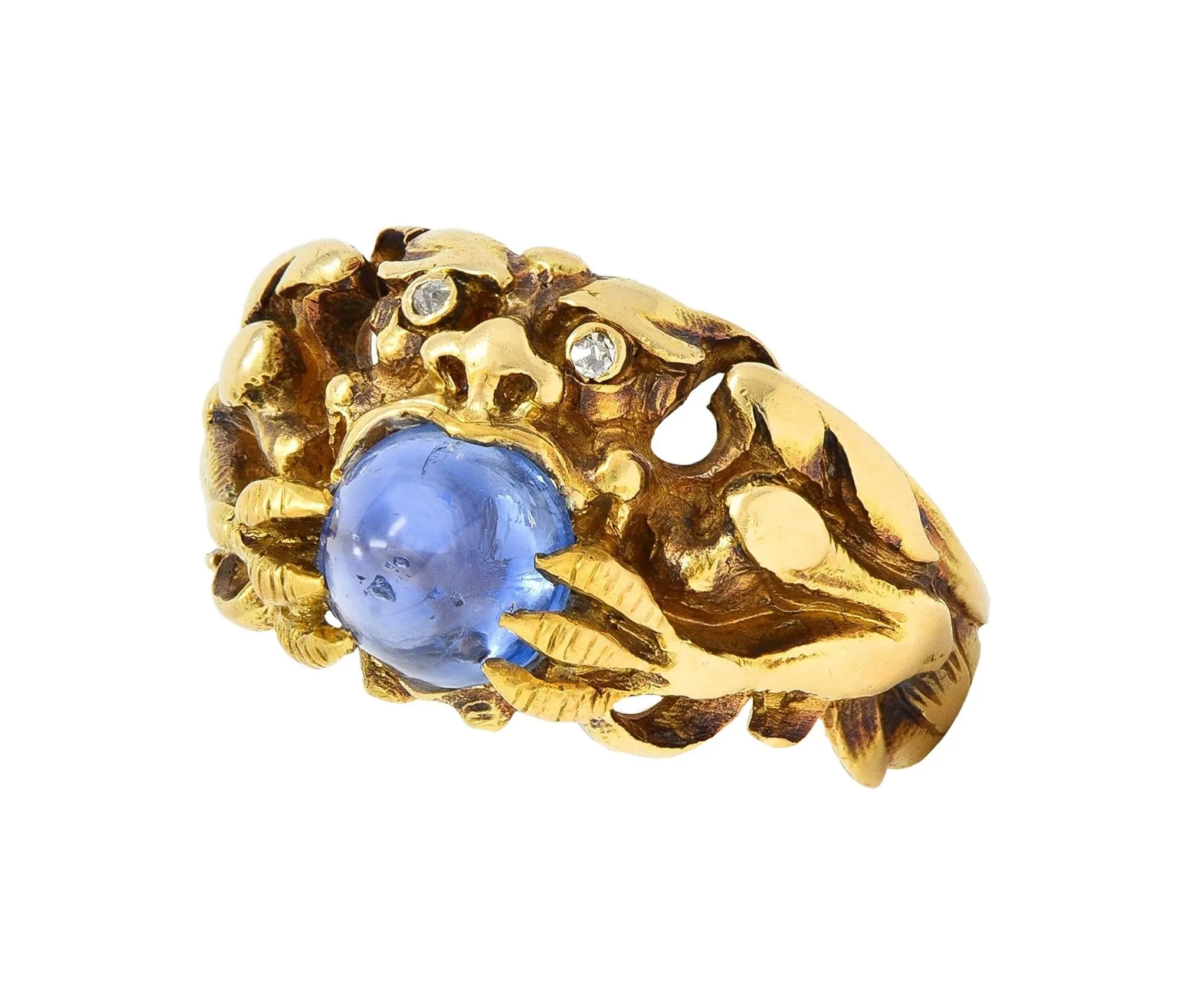 Art Nouveau 2.37 CTW Sapphire Cabochon Diamond 14 Karat Yellow Gold Antique Gargoyle Unisex Ring