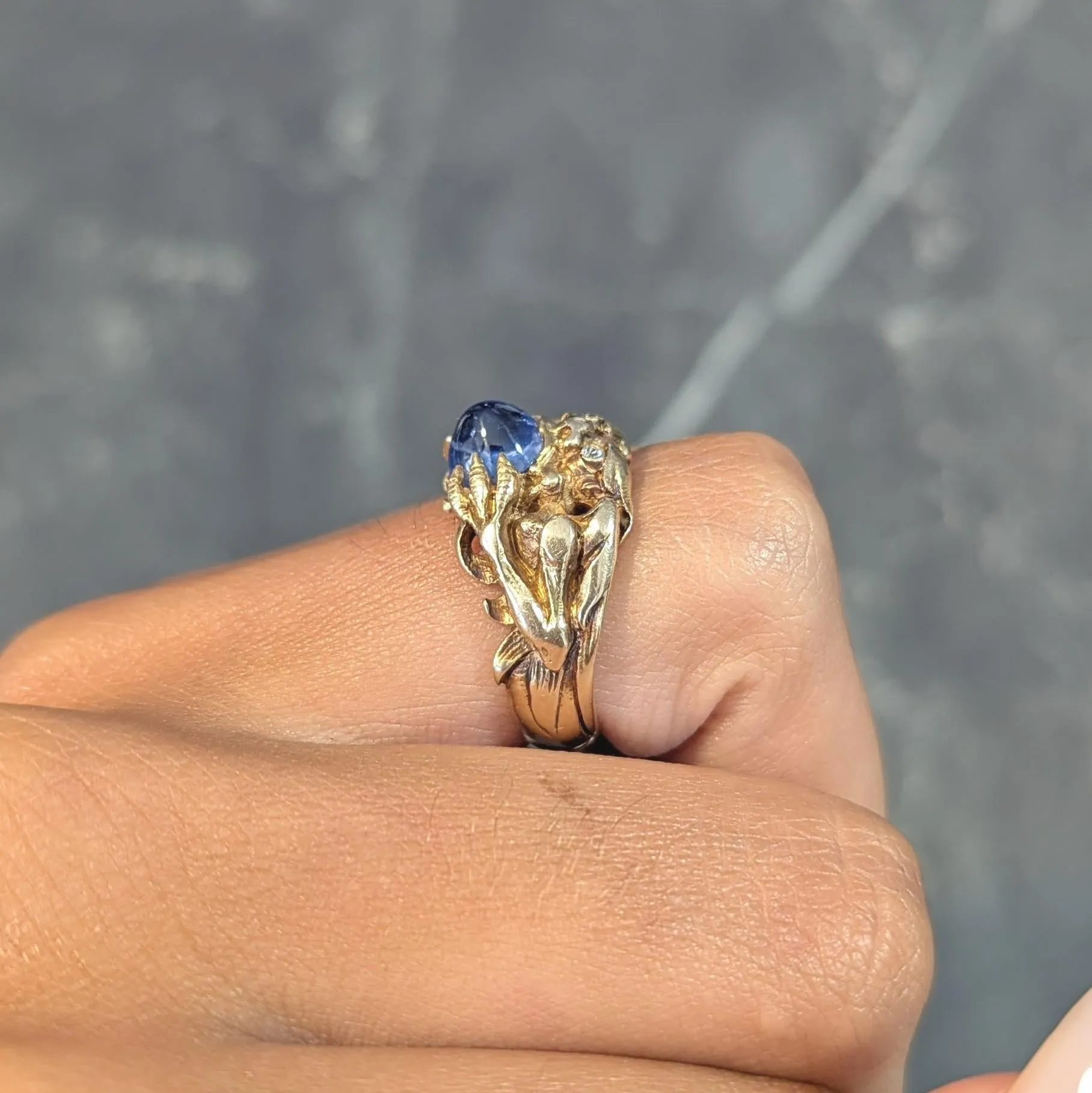 Art Nouveau 2.37 CTW Sapphire Cabochon Diamond 14 Karat Yellow Gold Antique Gargoyle Unisex Ring