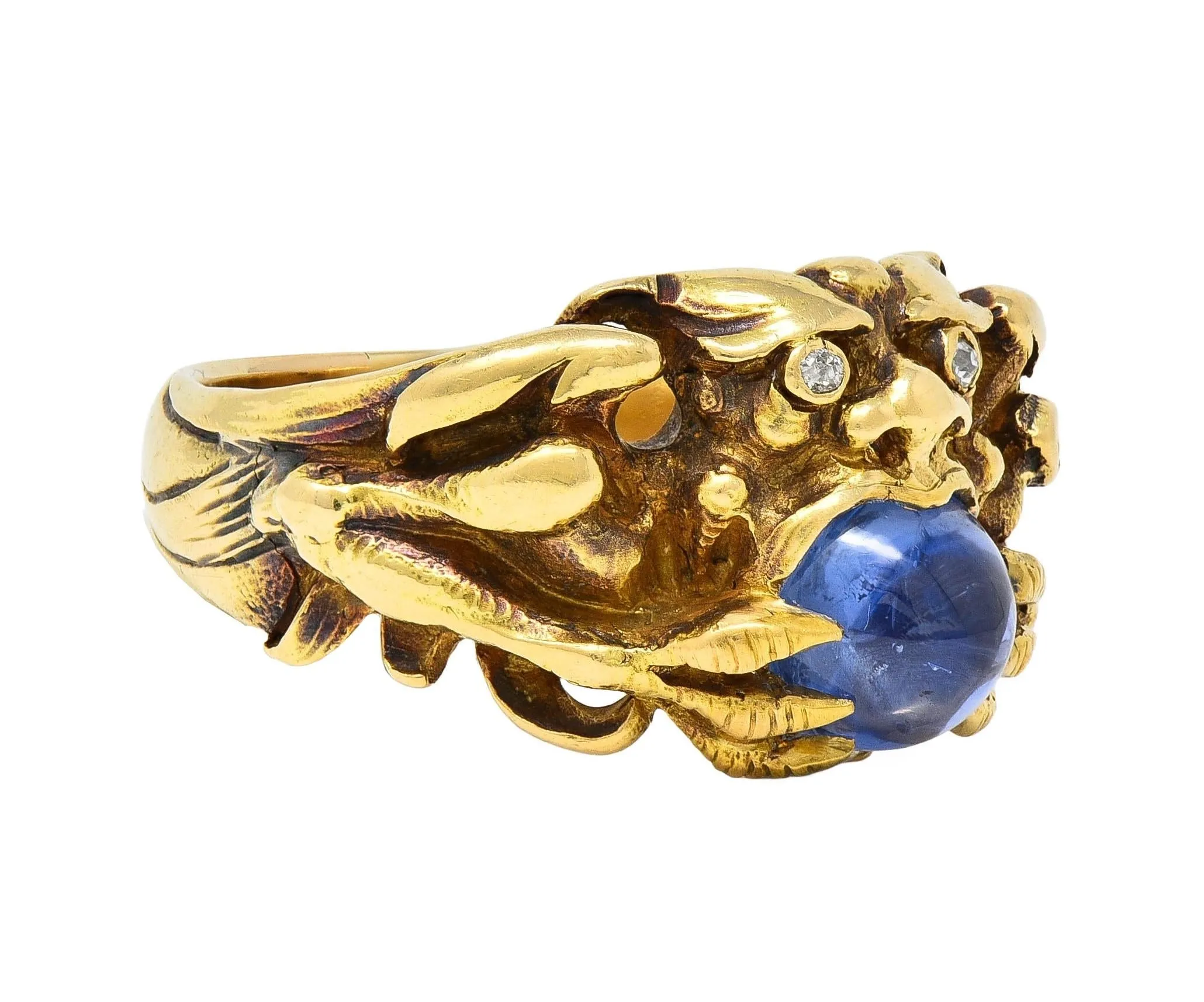 Art Nouveau 2.37 CTW Sapphire Cabochon Diamond 14 Karat Yellow Gold Antique Gargoyle Unisex Ring