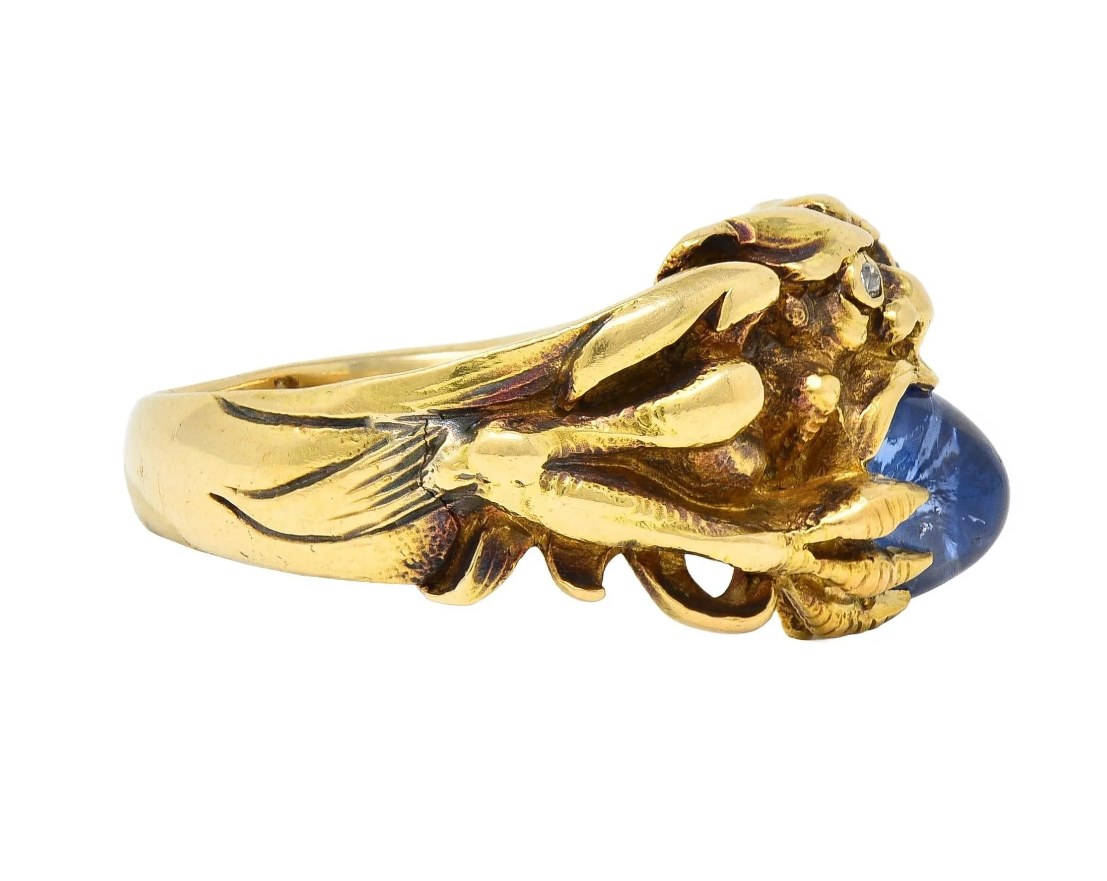 Art Nouveau 2.37 CTW Sapphire Cabochon Diamond 14 Karat Yellow Gold Antique Gargoyle Unisex Ring