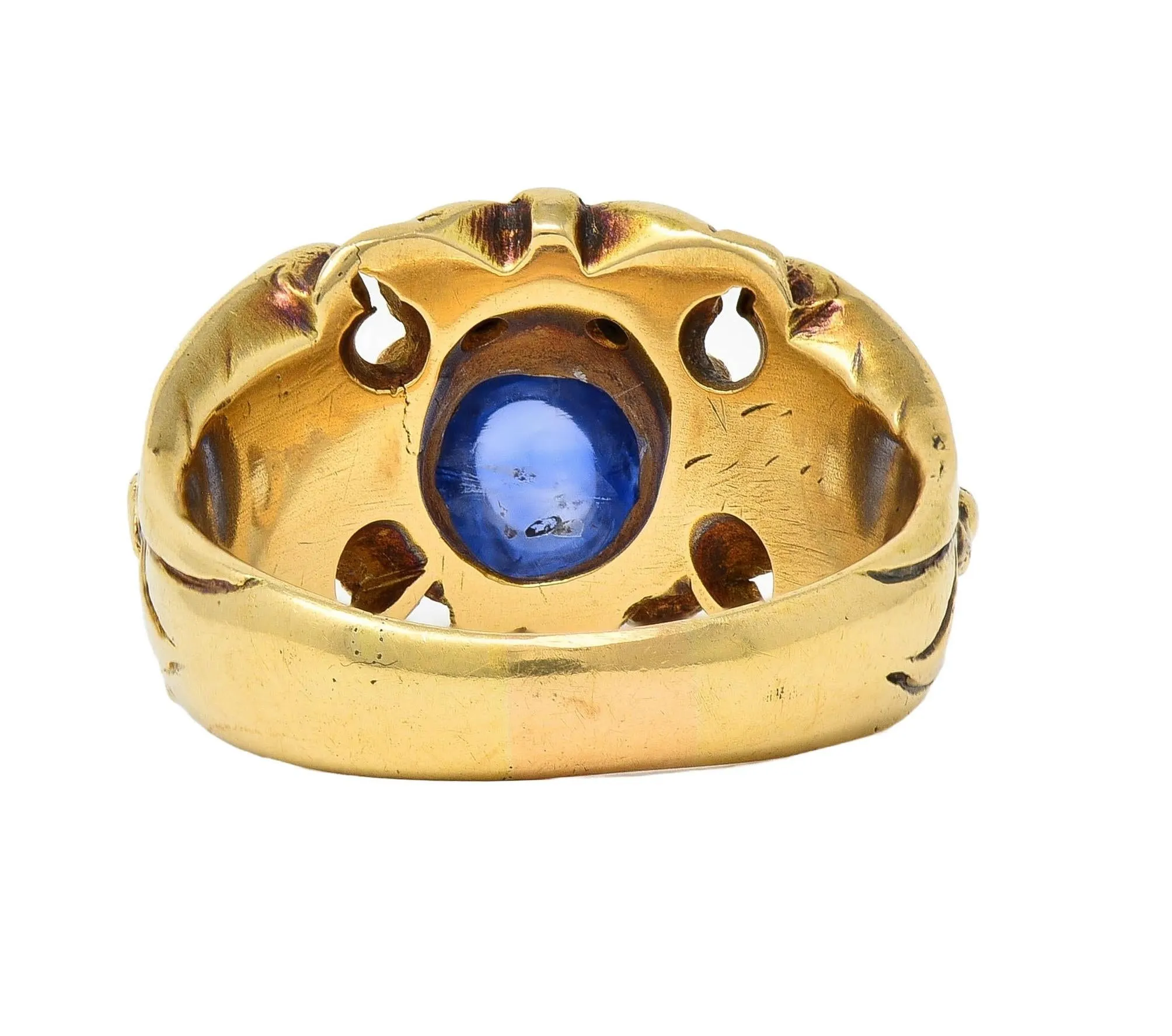 Art Nouveau 2.37 CTW Sapphire Cabochon Diamond 14 Karat Yellow Gold Antique Gargoyle Unisex Ring