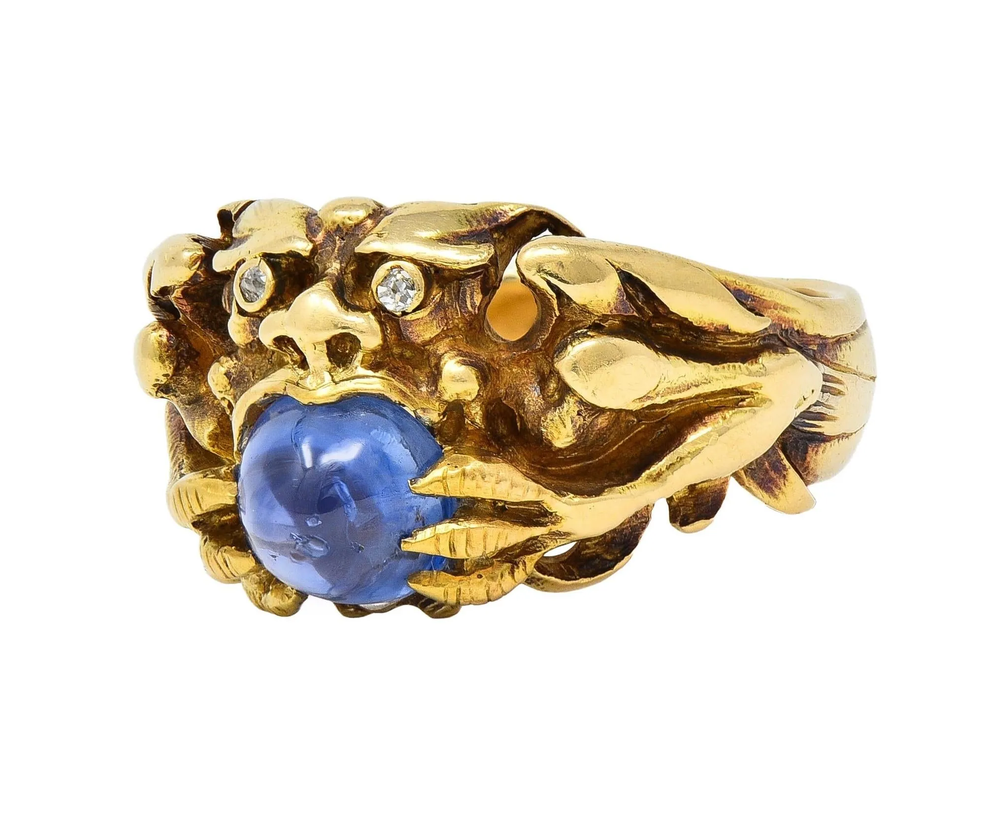 Art Nouveau 2.37 CTW Sapphire Cabochon Diamond 14 Karat Yellow Gold Antique Gargoyle Unisex Ring