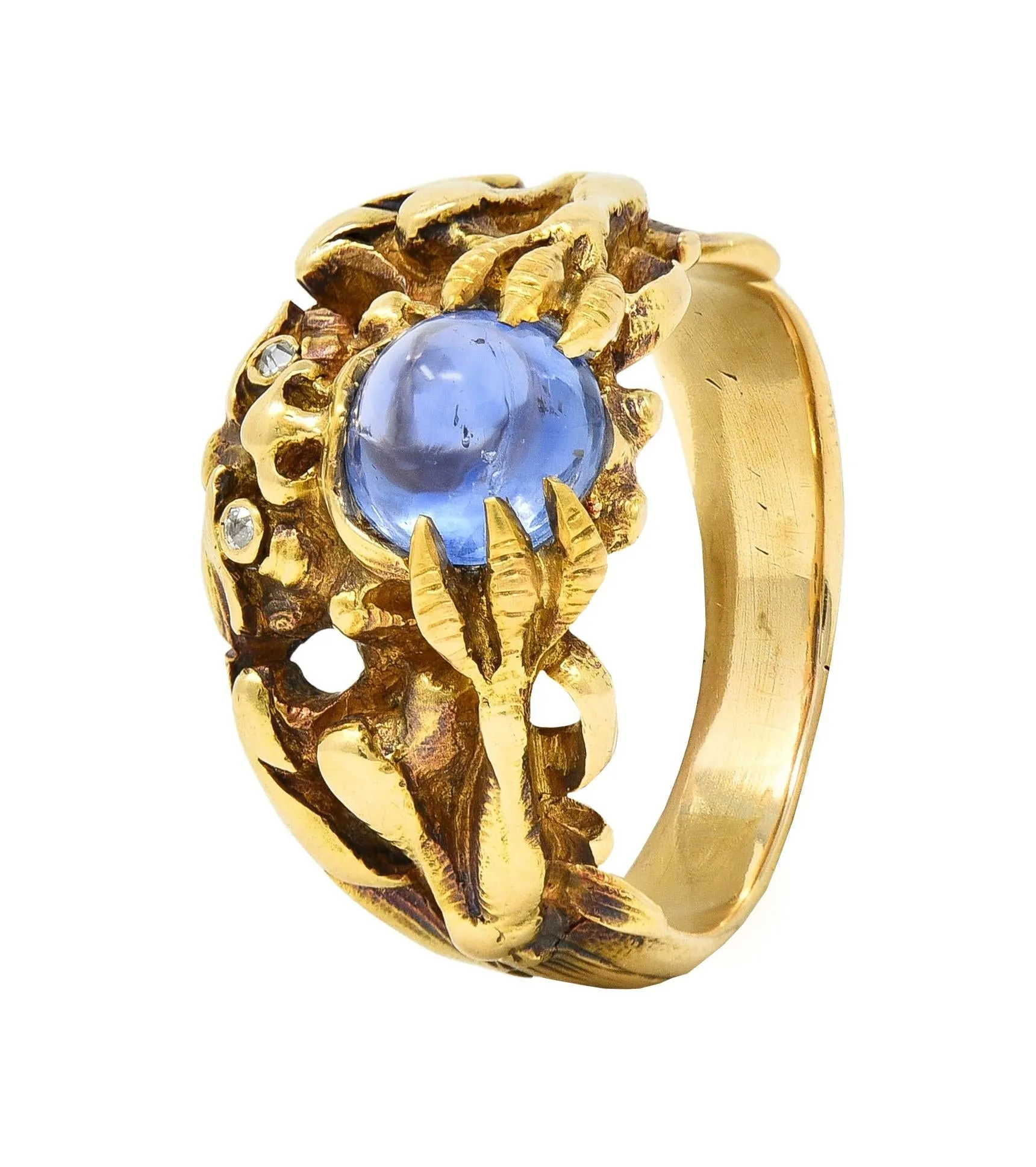 Art Nouveau 2.37 CTW Sapphire Cabochon Diamond 14 Karat Yellow Gold Antique Gargoyle Unisex Ring