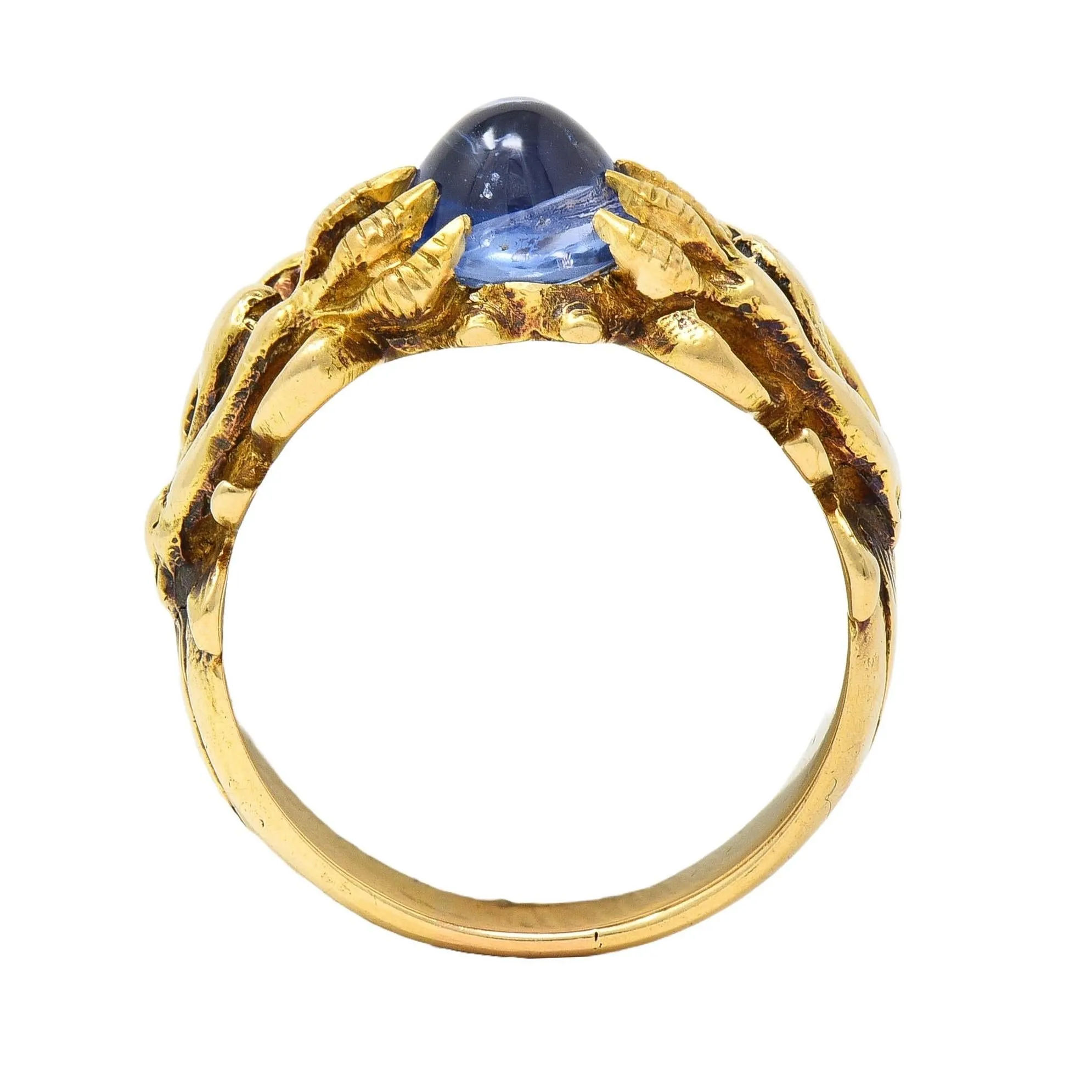 Art Nouveau 2.37 CTW Sapphire Cabochon Diamond 14 Karat Yellow Gold Antique Gargoyle Unisex Ring