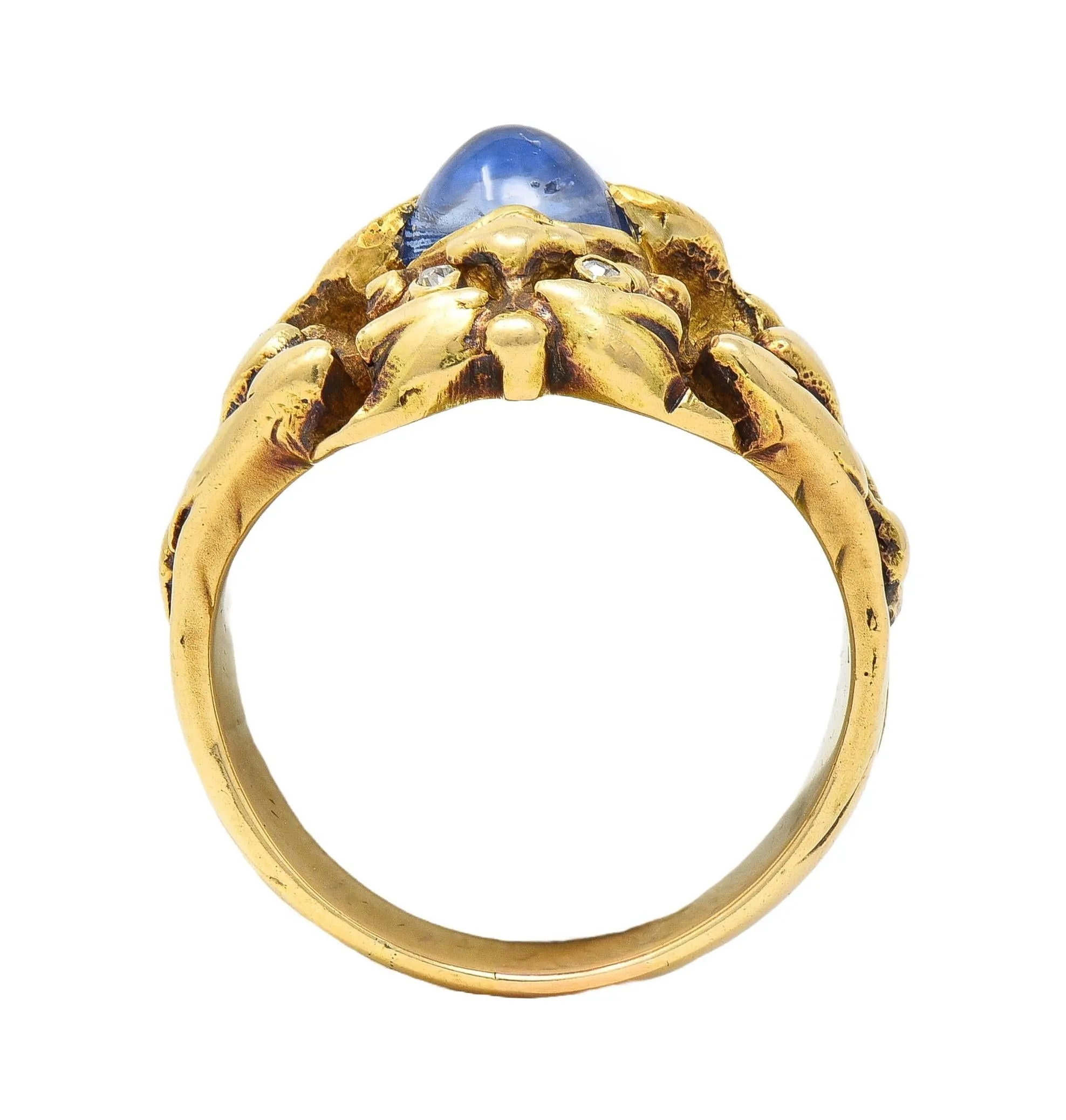 Art Nouveau 2.37 CTW Sapphire Cabochon Diamond 14 Karat Yellow Gold Antique Gargoyle Unisex Ring