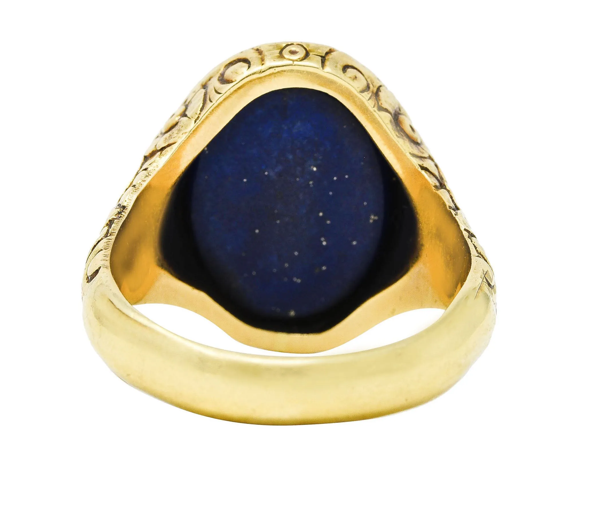 Art Nouveau Lapis Lazuli 14 Karat Yellow Gold Floral Unisex Signet Ring