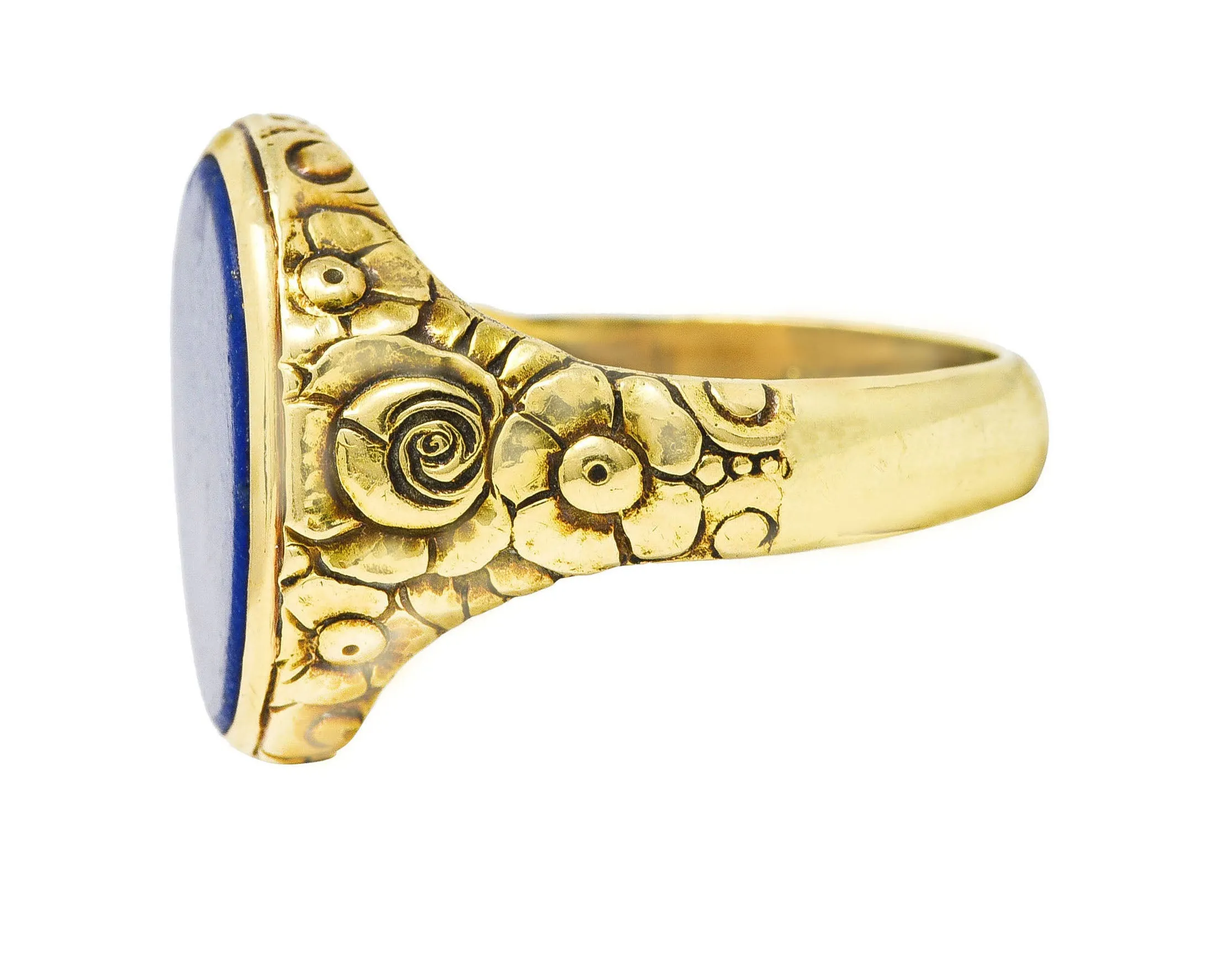 Art Nouveau Lapis Lazuli 14 Karat Yellow Gold Floral Unisex Signet Ring