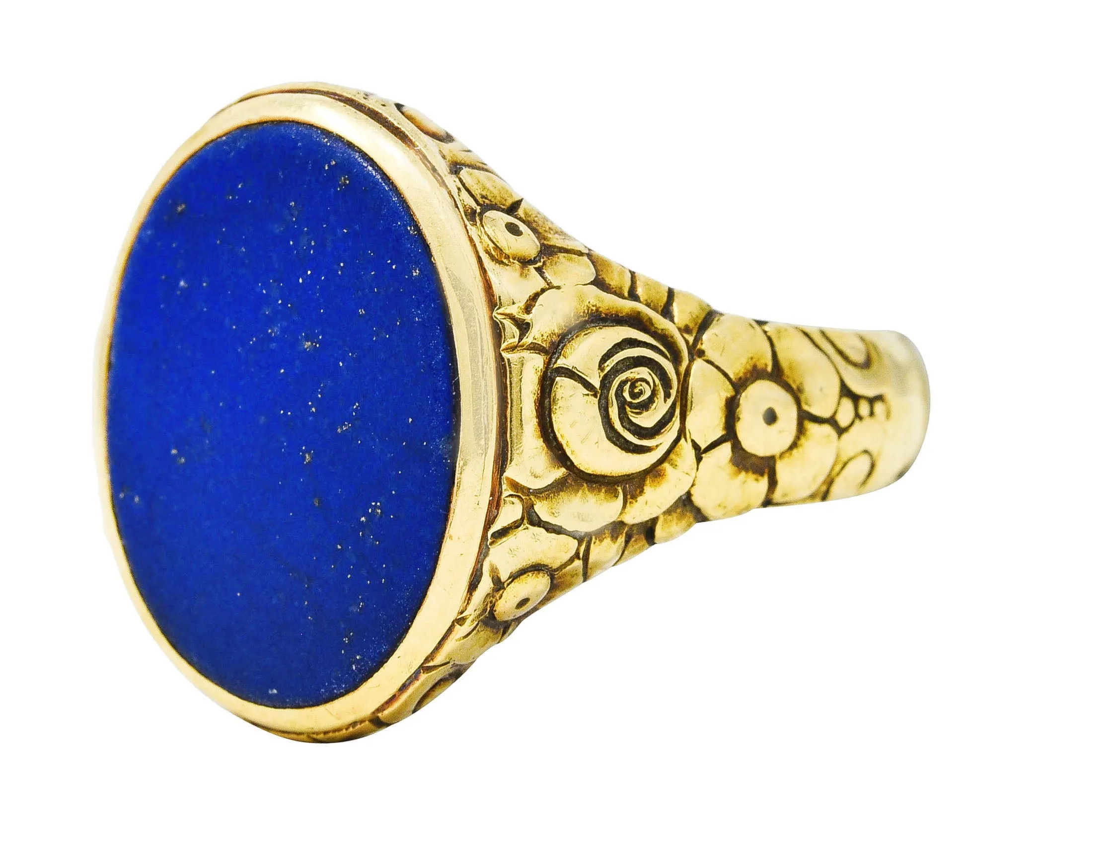 Art Nouveau Lapis Lazuli 14 Karat Yellow Gold Floral Unisex Signet Ring