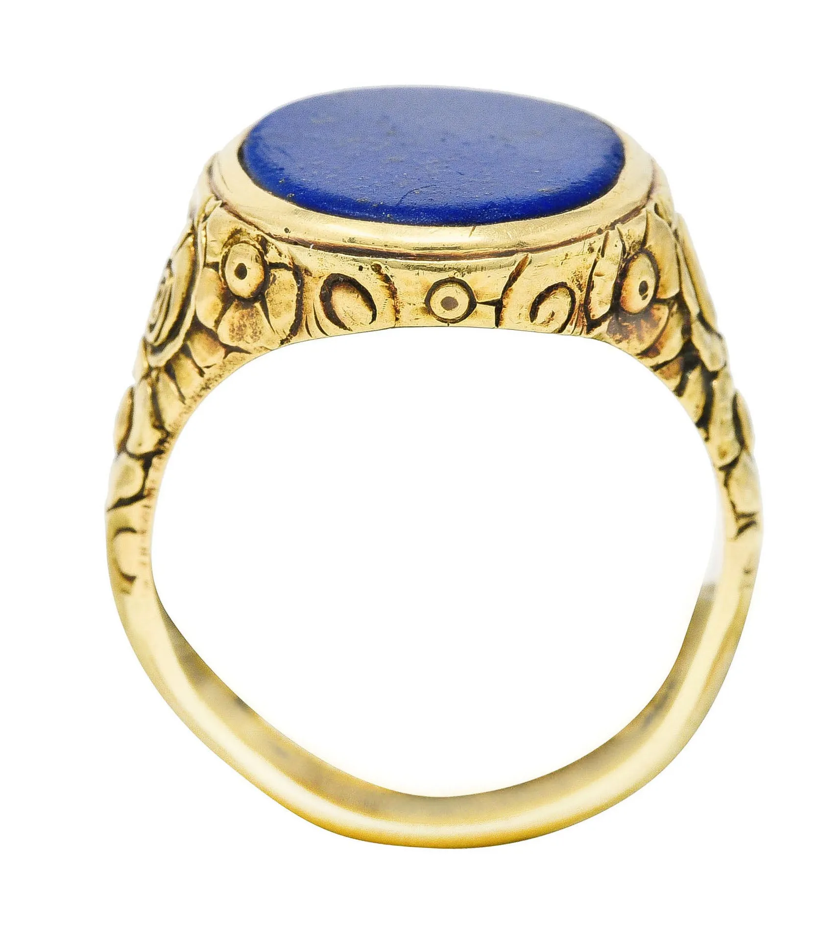 Art Nouveau Lapis Lazuli 14 Karat Yellow Gold Floral Unisex Signet Ring