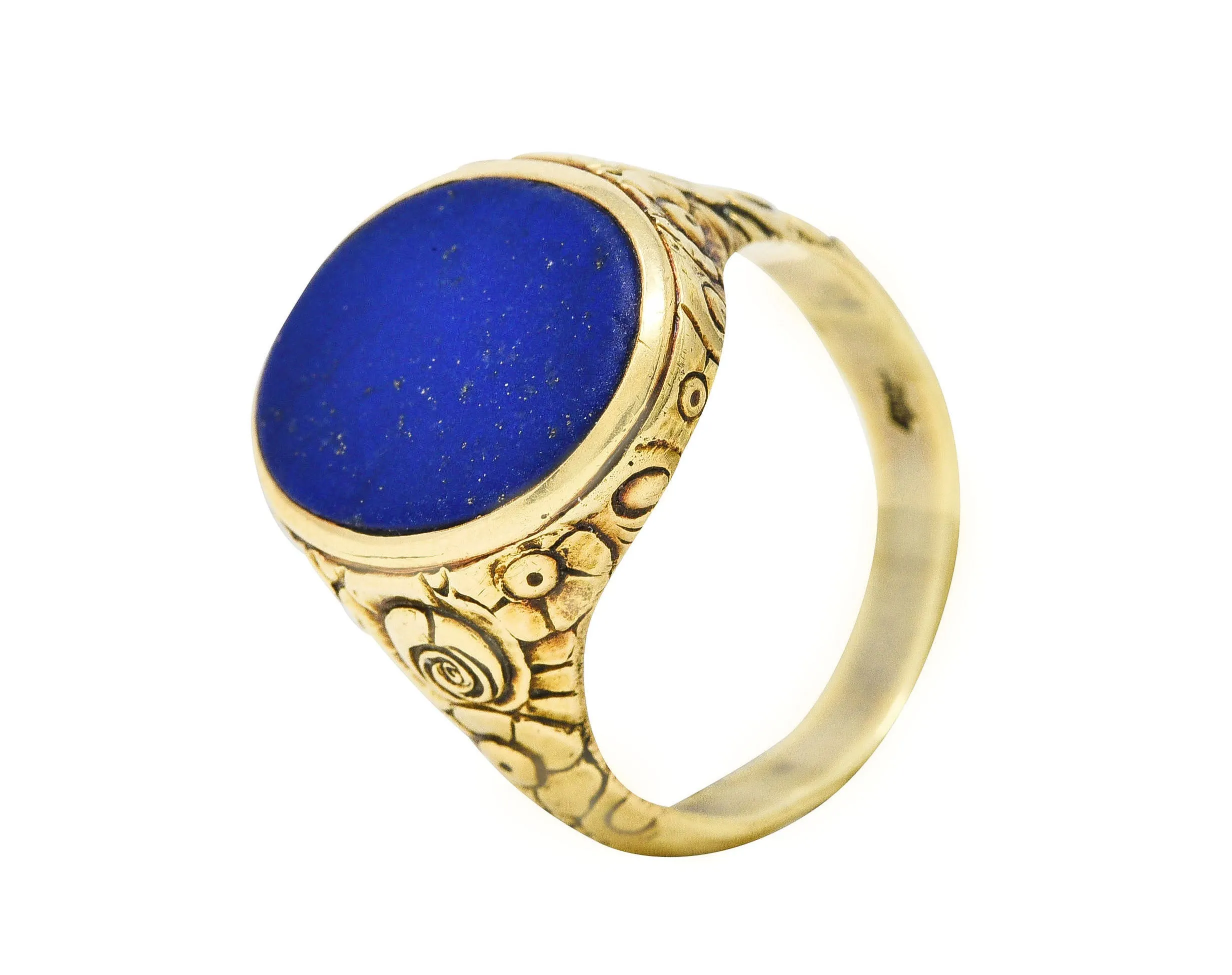 Art Nouveau Lapis Lazuli 14 Karat Yellow Gold Floral Unisex Signet Ring