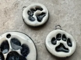 Black and White Paw Print Pendant and Charms, Dog Round Pendant, Porcelain Ceramic Pendant, Dog Paw Charms, Jewelry Making Compo