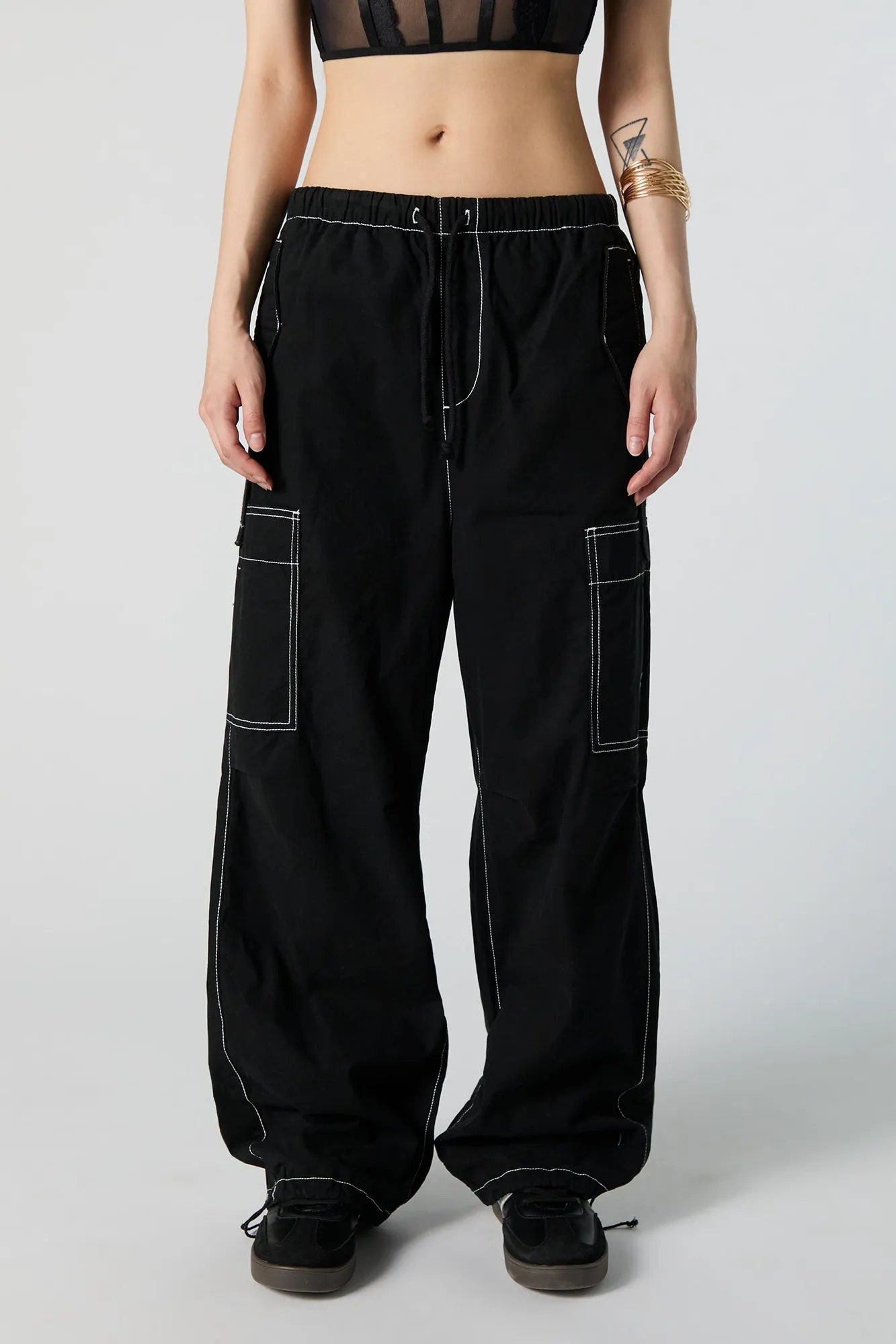 Black with White Stitching Parachute Cargo Pant