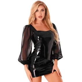 Bodycon Long Sleeve Wet Look Mini Dress