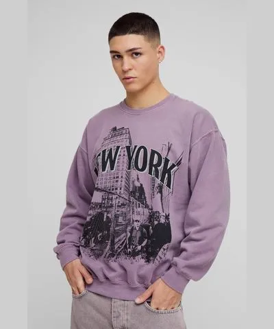 boohooMAN Mens Oversized Washed New York Graphic Sweatshirt