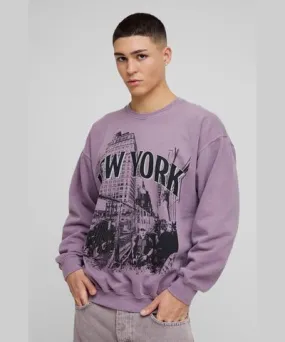 boohooMAN Mens Oversized Washed New York Graphic Sweatshirt