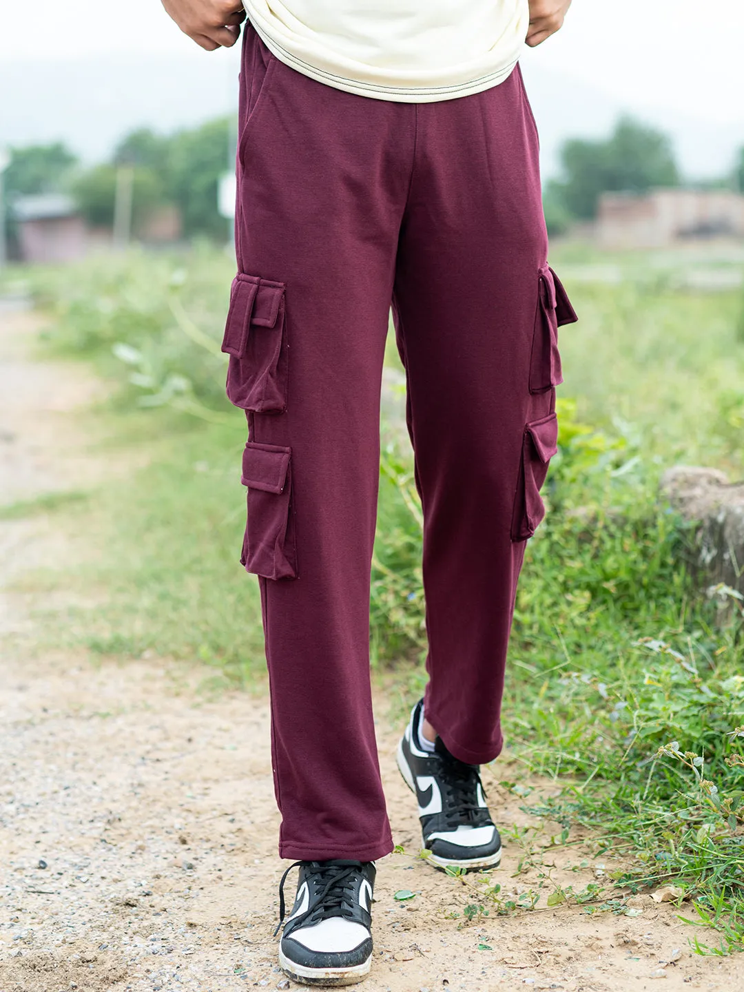 Burgundy Four Pockets Cargo Track Pants