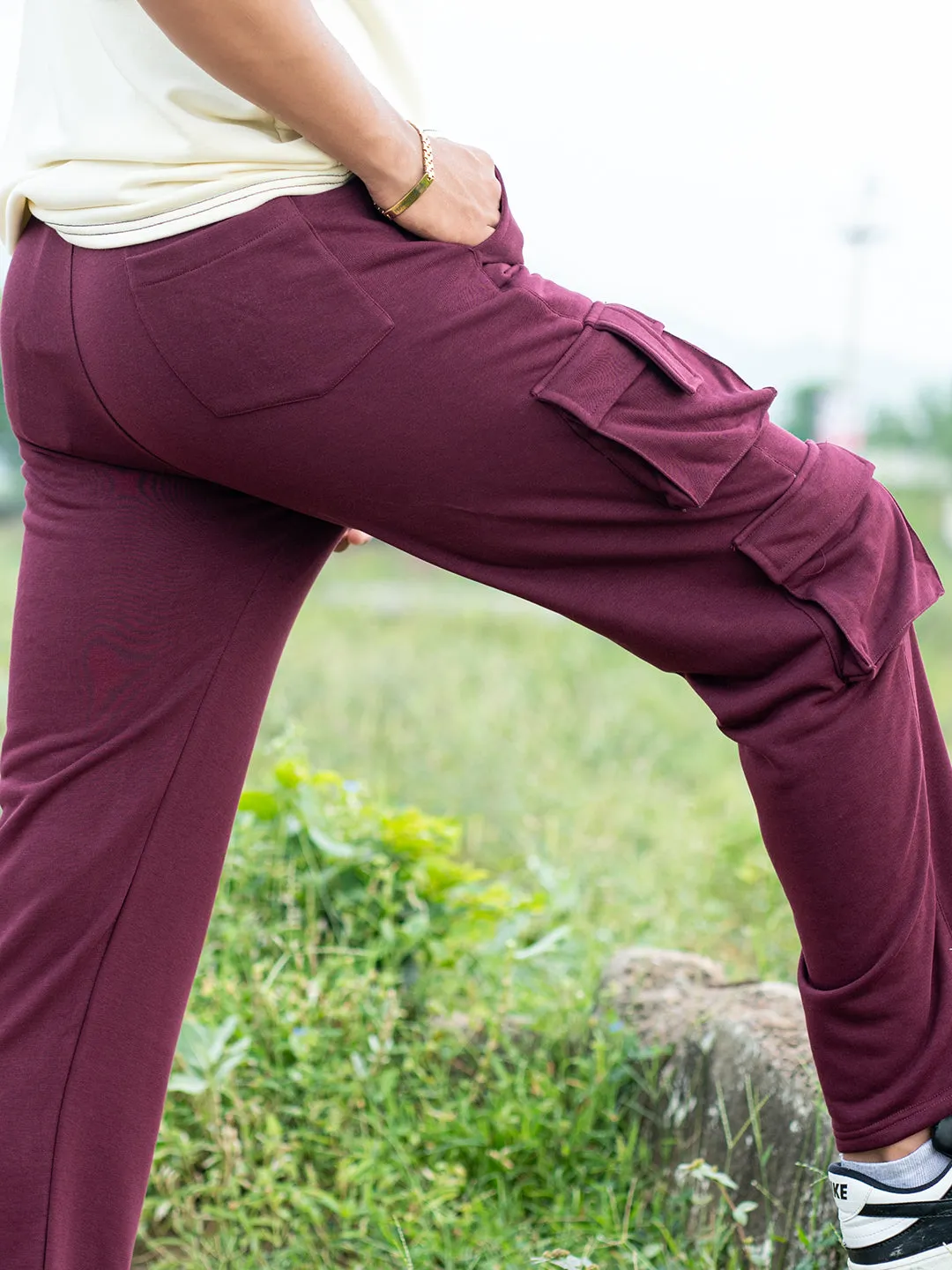 Burgundy Four Pockets Cargo Track Pants