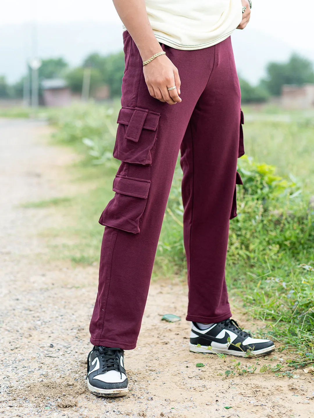 Burgundy Four Pockets Cargo Track Pants