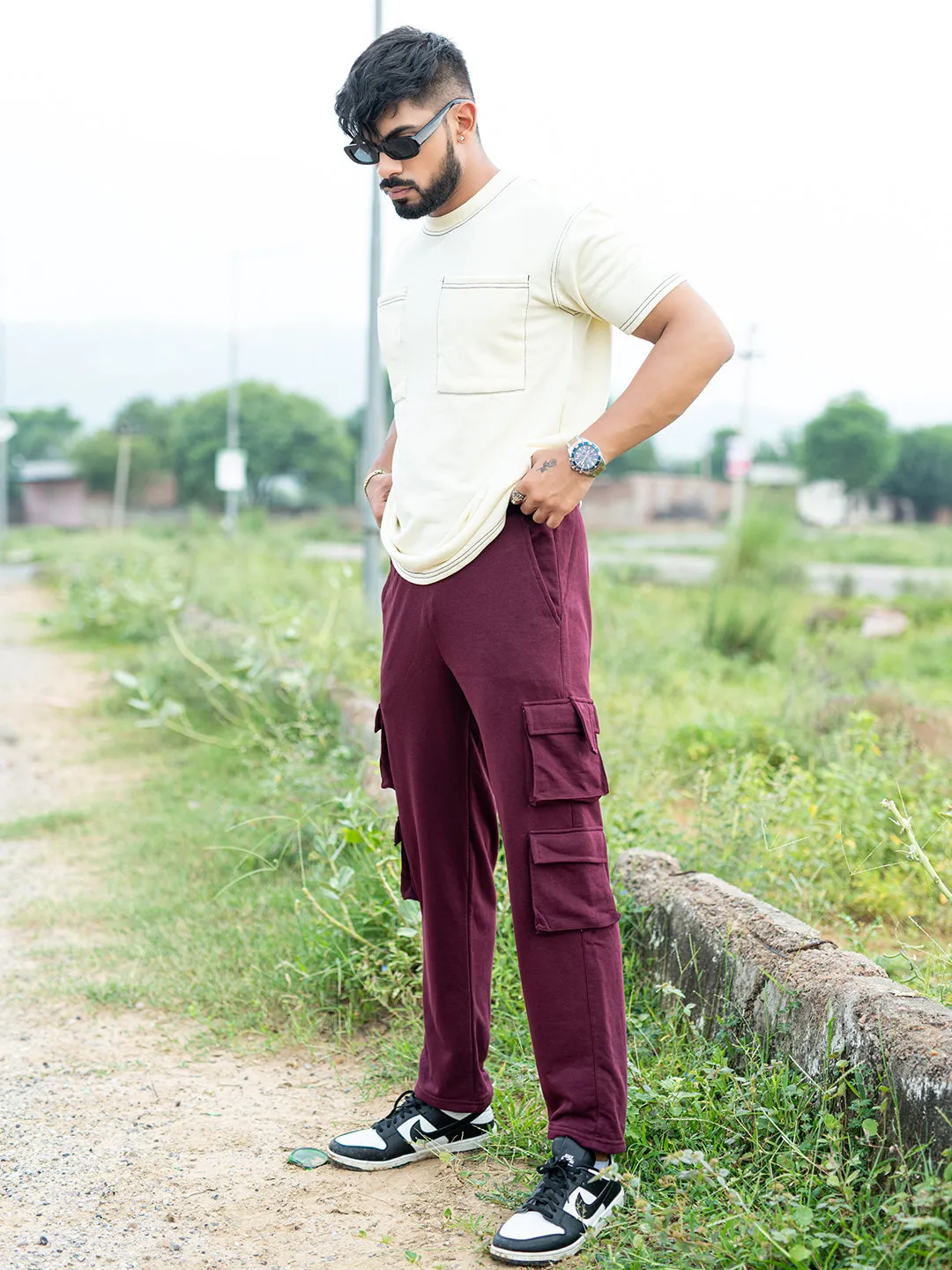 Burgundy Four Pockets Cargo Track Pants