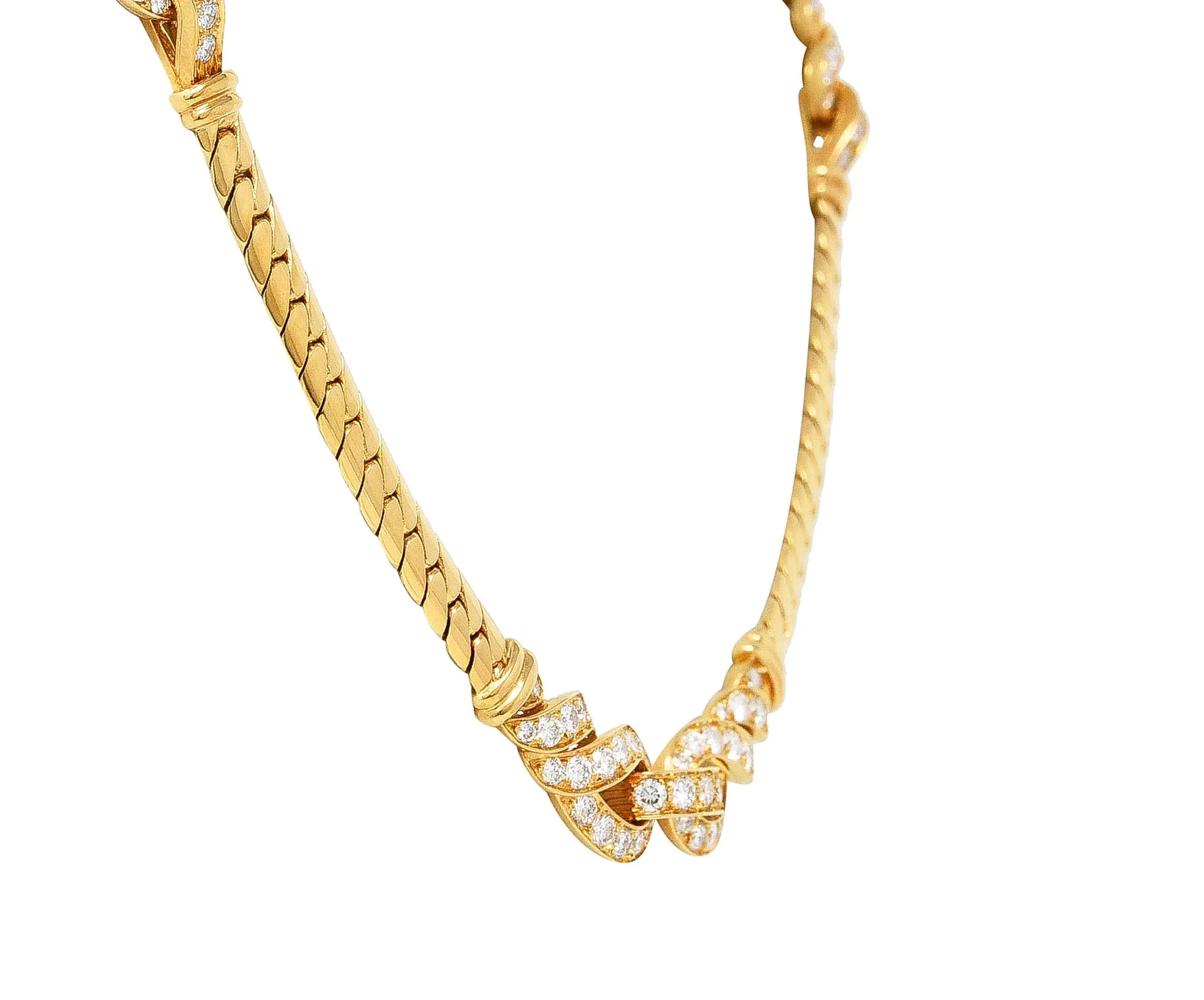 Cartier French 3.12 CTW Diamond 18 Karat Yellow Gold Agrafe Herringbone Twisted Rope Vintage Station Collar Necklace