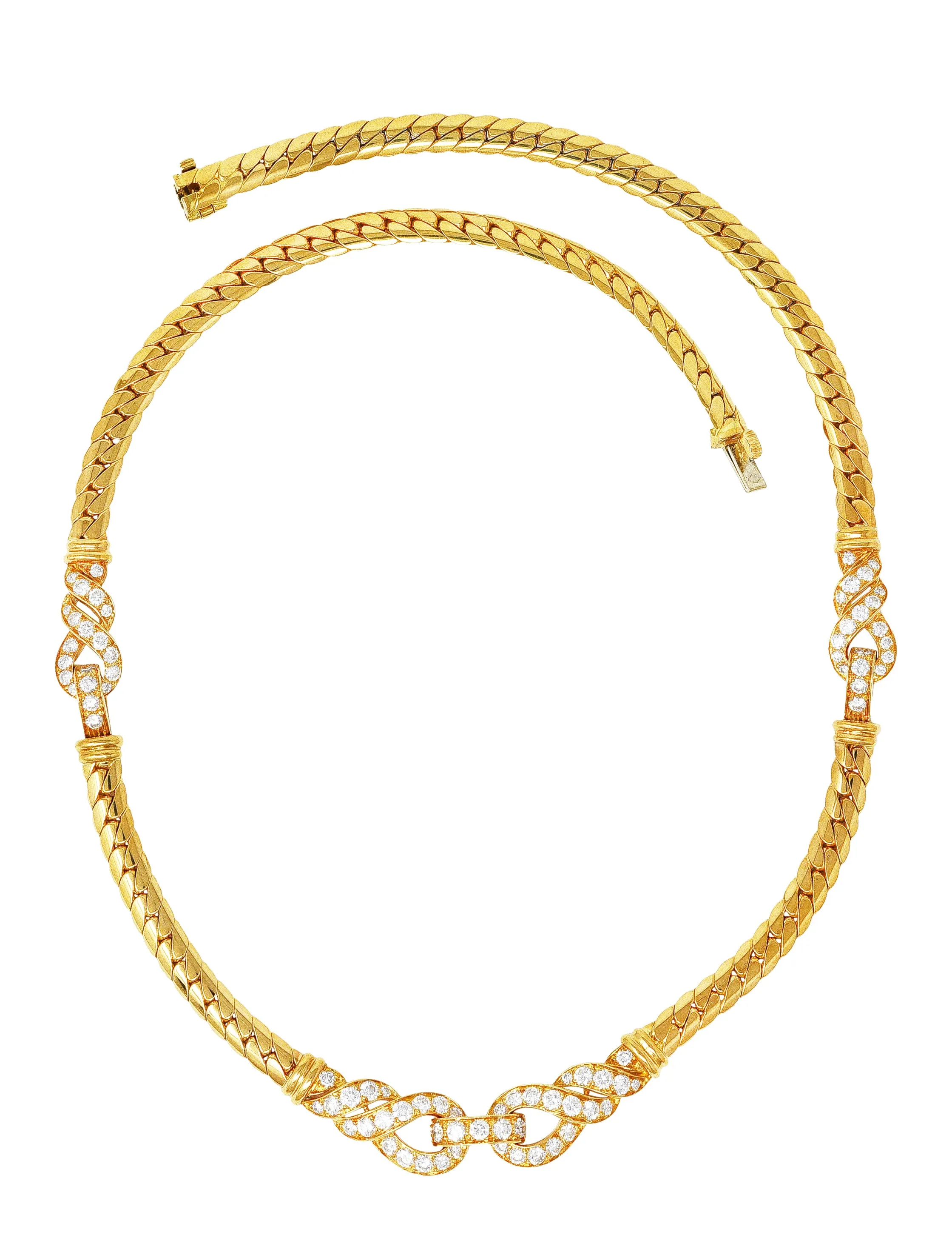 Cartier French 3.12 CTW Diamond 18 Karat Yellow Gold Agrafe Herringbone Twisted Rope Vintage Station Collar Necklace