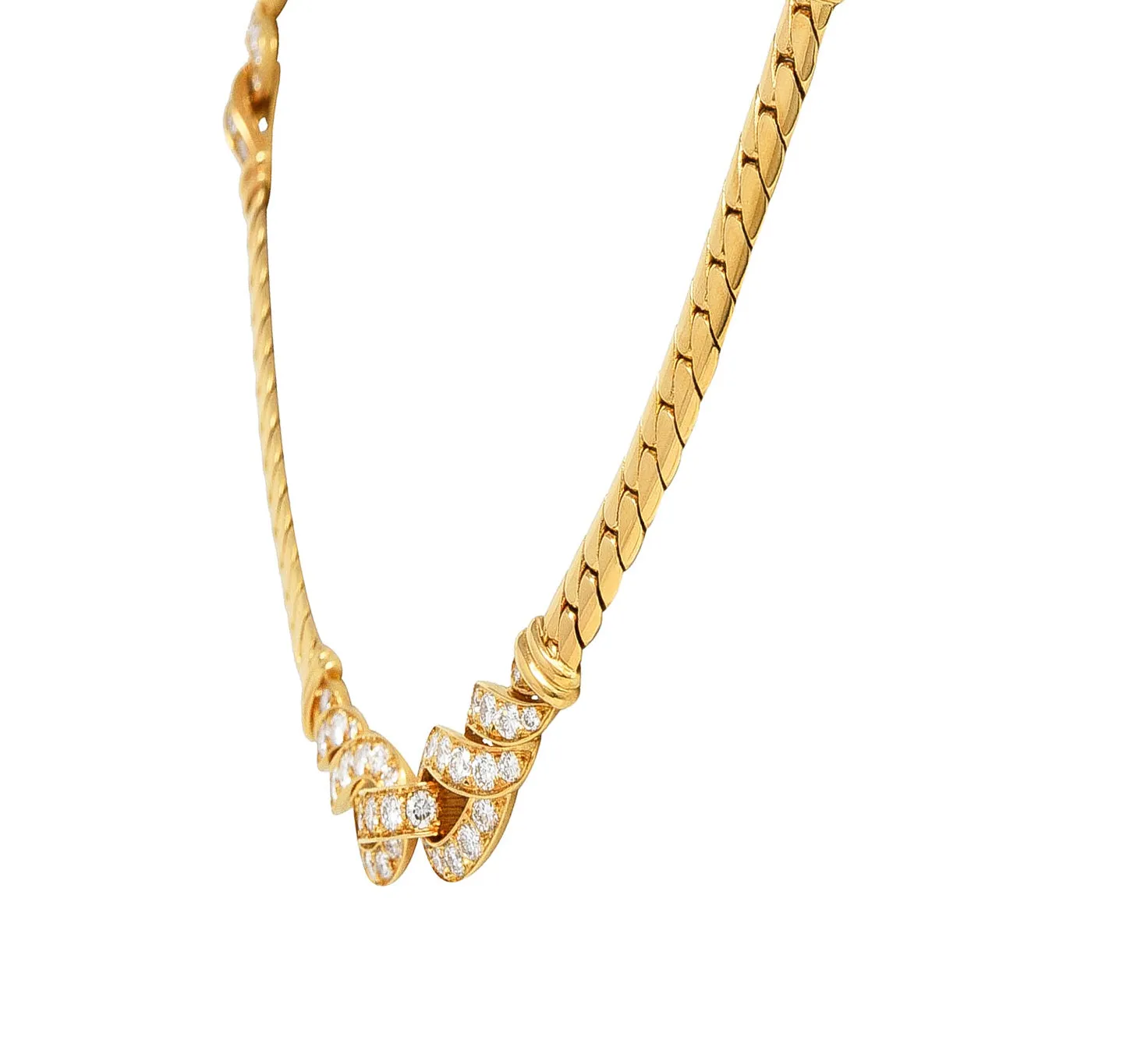 Cartier French 3.12 CTW Diamond 18 Karat Yellow Gold Agrafe Herringbone Twisted Rope Vintage Station Collar Necklace