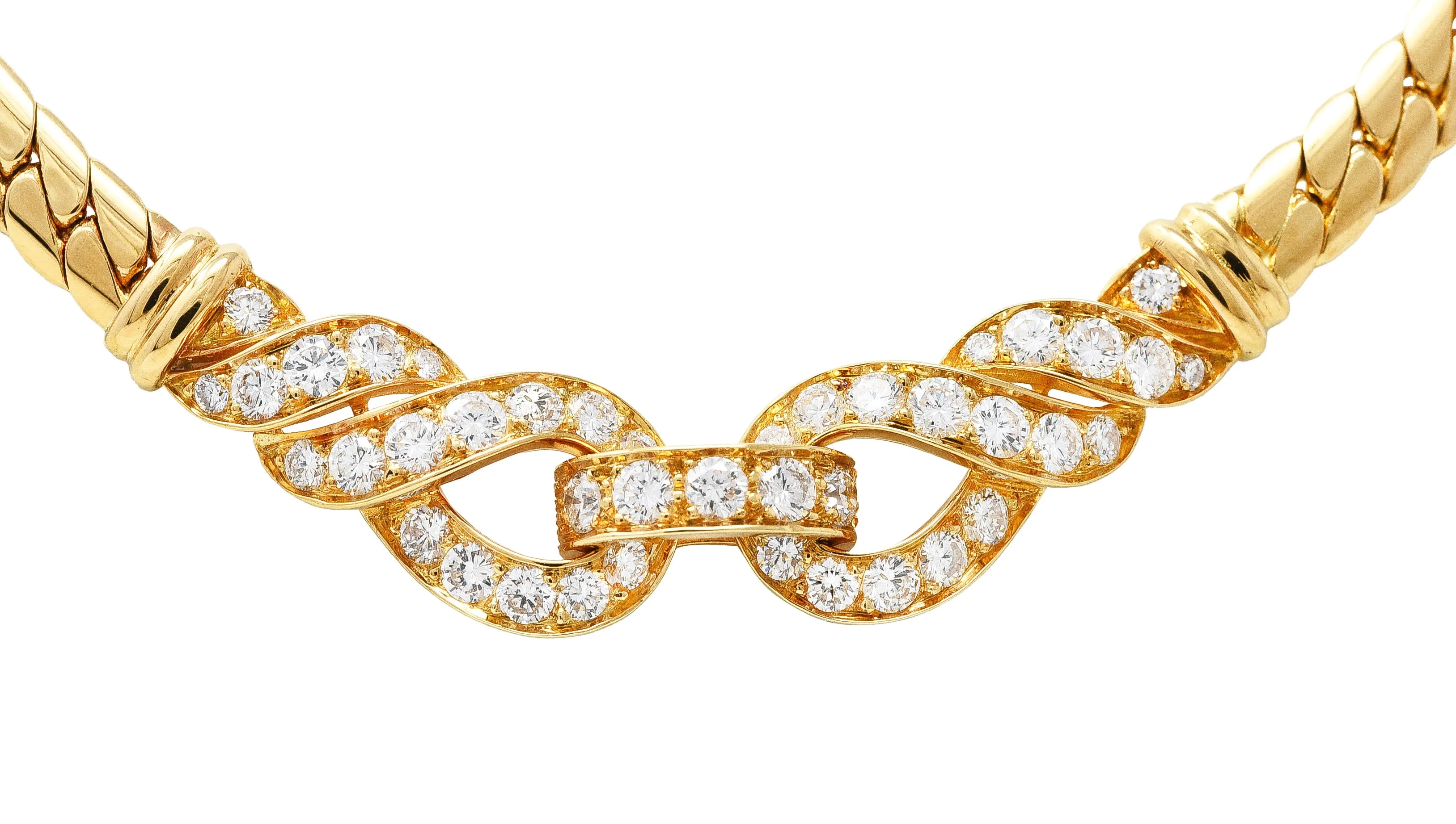 Cartier French 3.12 CTW Diamond 18 Karat Yellow Gold Agrafe Herringbone Twisted Rope Vintage Station Collar Necklace