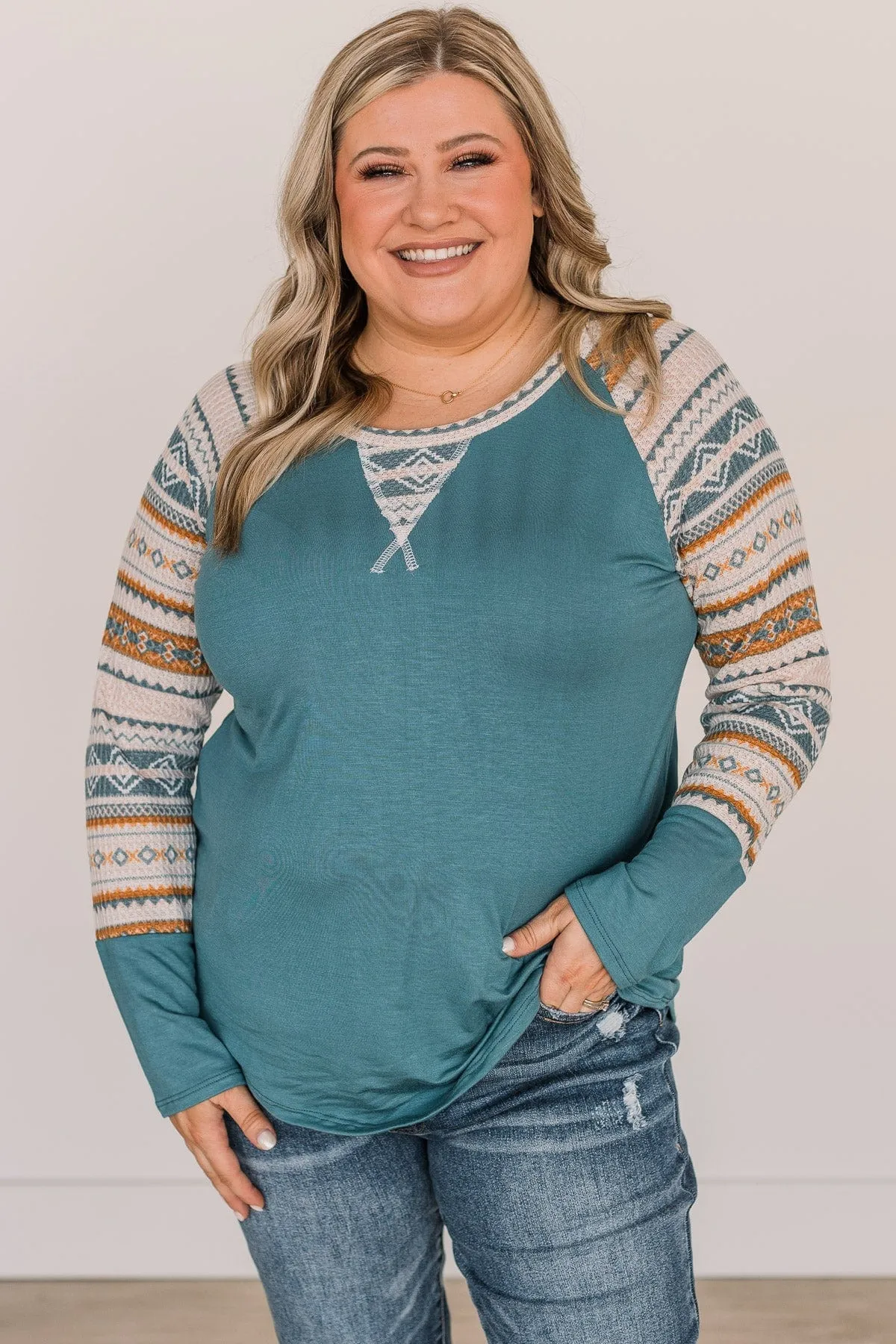 Fearless Looks Aztec Print Top- Dusty Teal