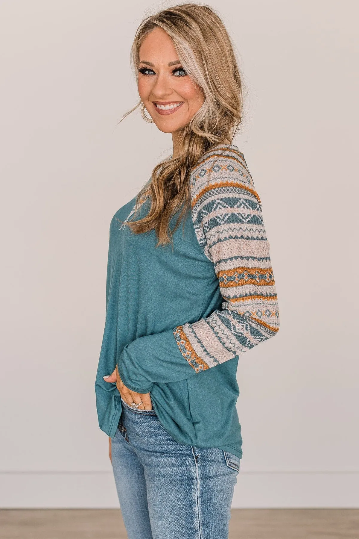 Fearless Looks Aztec Print Top- Dusty Teal