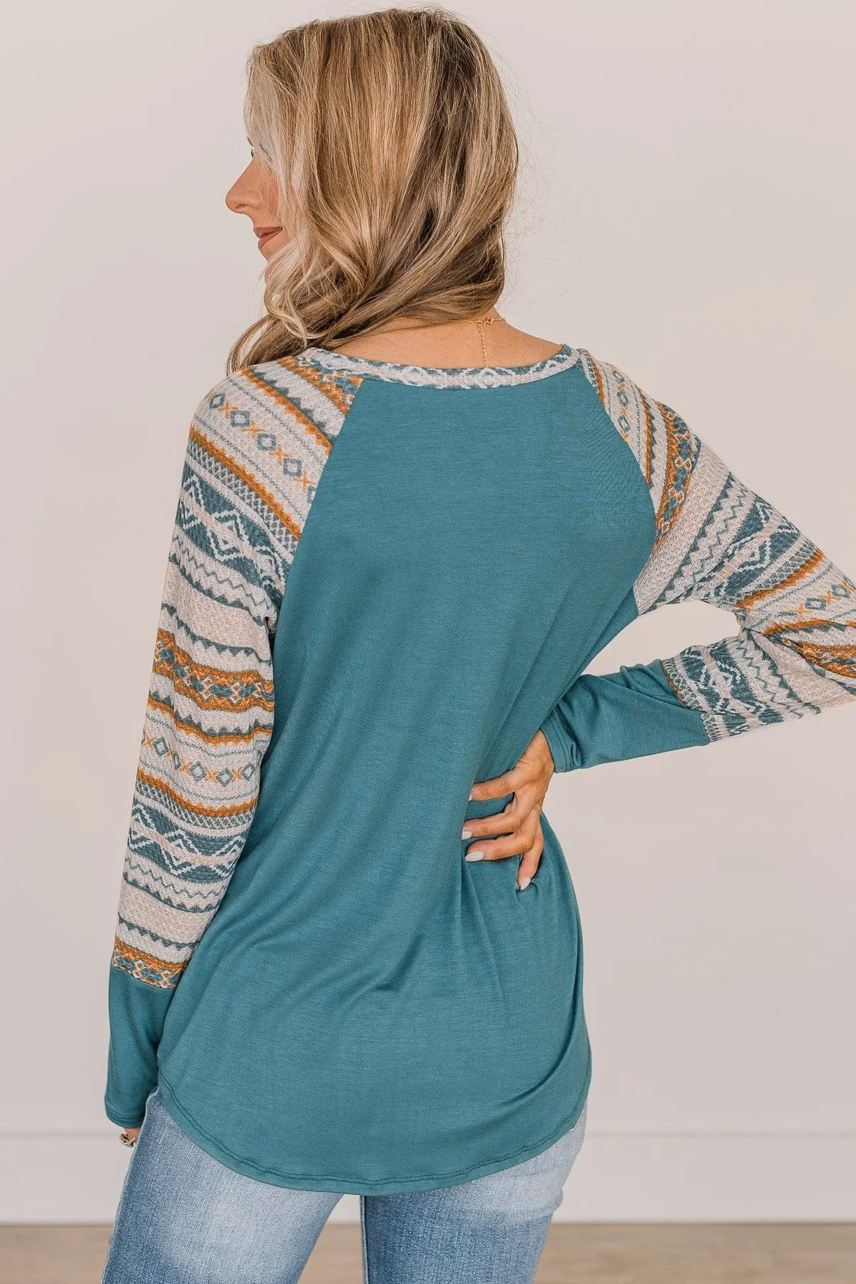 Fearless Looks Aztec Print Top- Dusty Teal