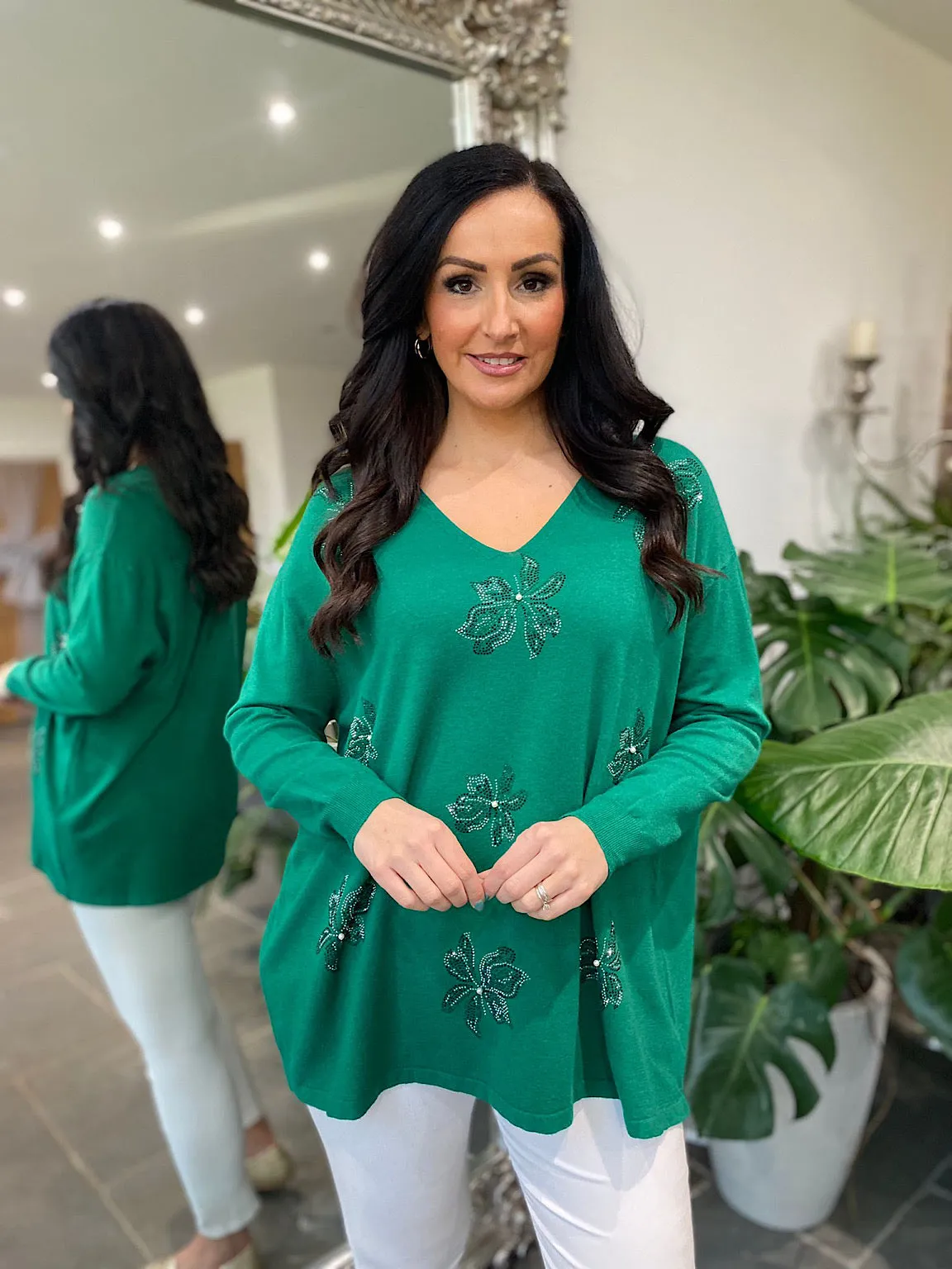 Green Embellished Flower Knit Joanna