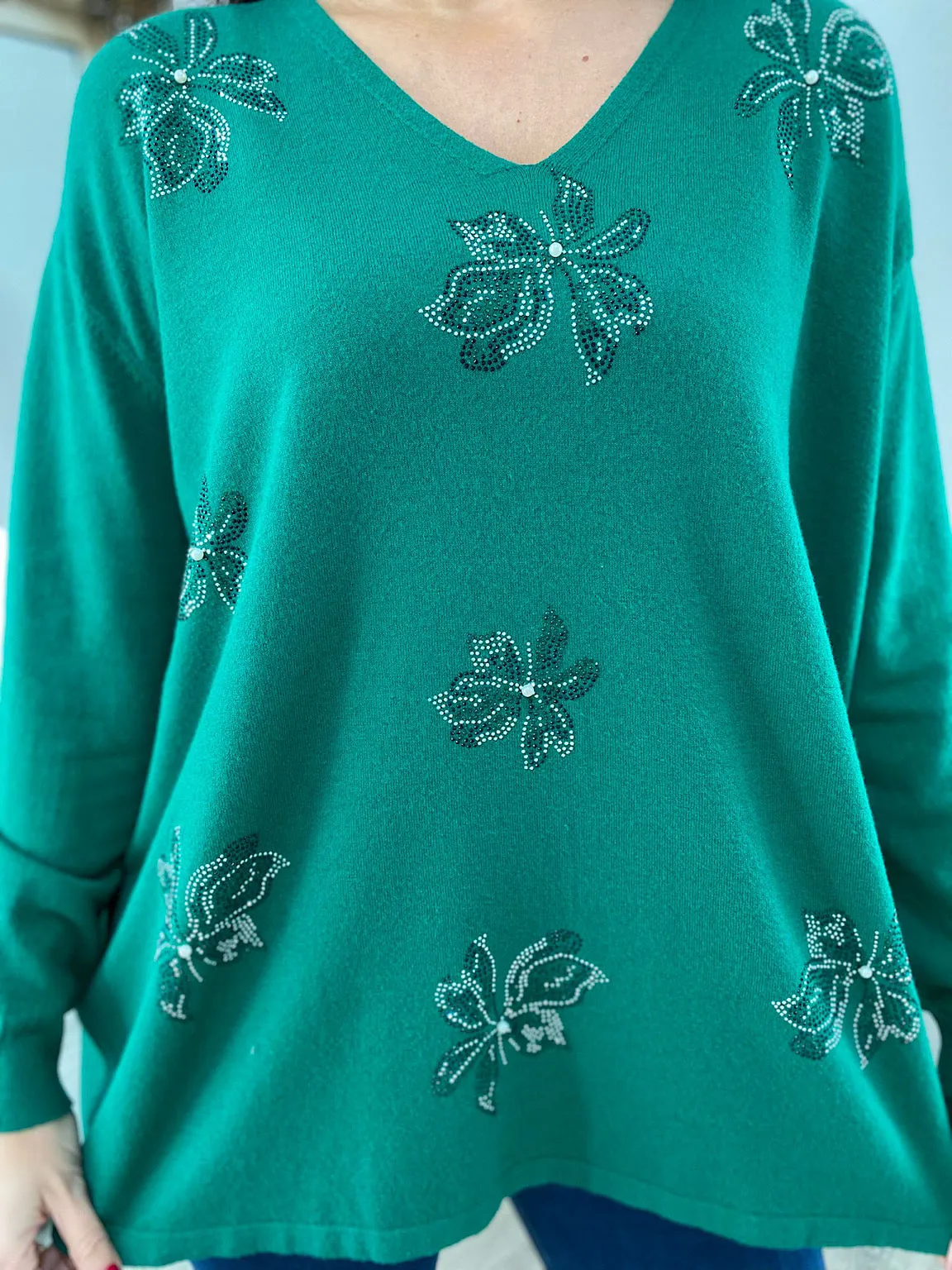 Green Embellished Flower Knit Joanna