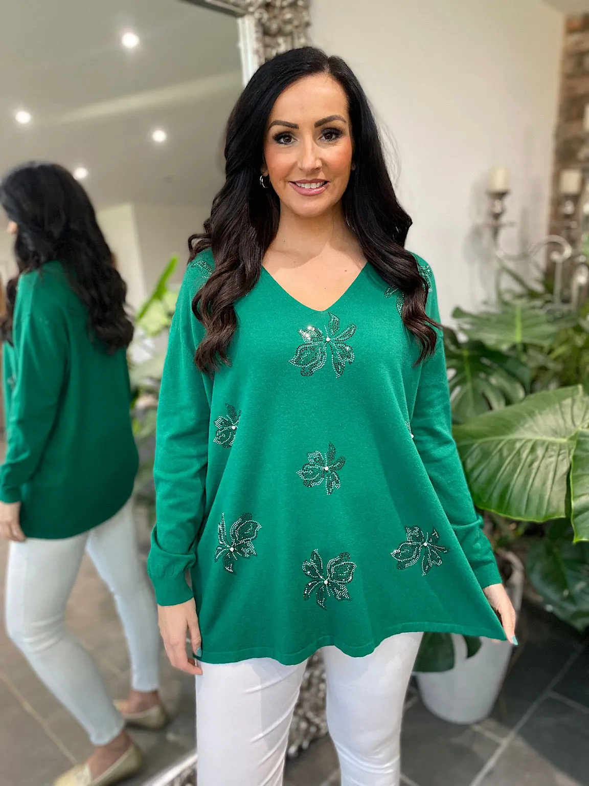 Green Embellished Flower Knit Joanna