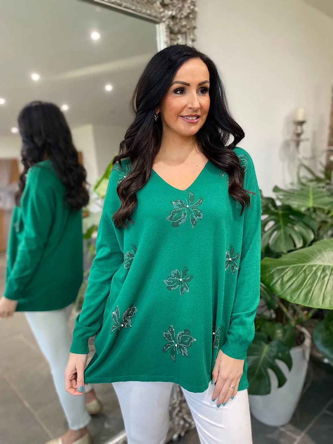 Green Embellished Flower Knit Joanna