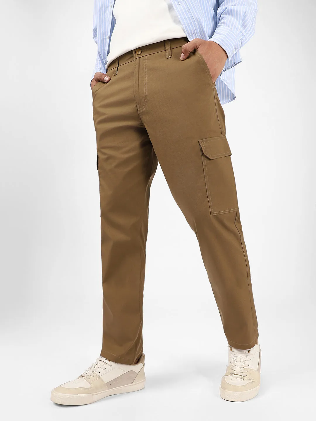 Men's Khaki Regular Fit Solid Cargo Chino Pant with 6 Pockets