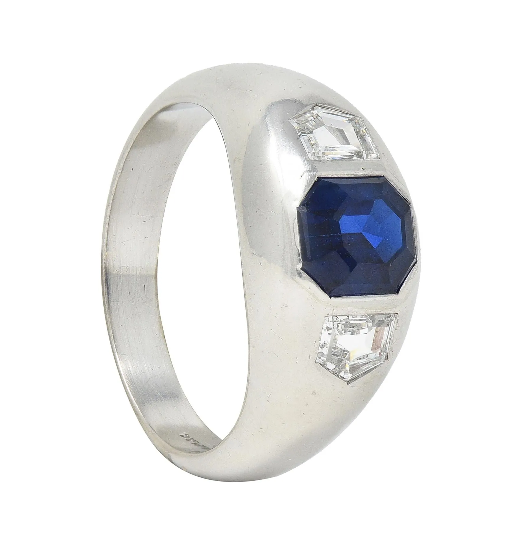 Mid-Century 3.07 CTW No Heat Sapphire Diamond Platinum Three Stone Men's Unisex Vintage Ring GIA