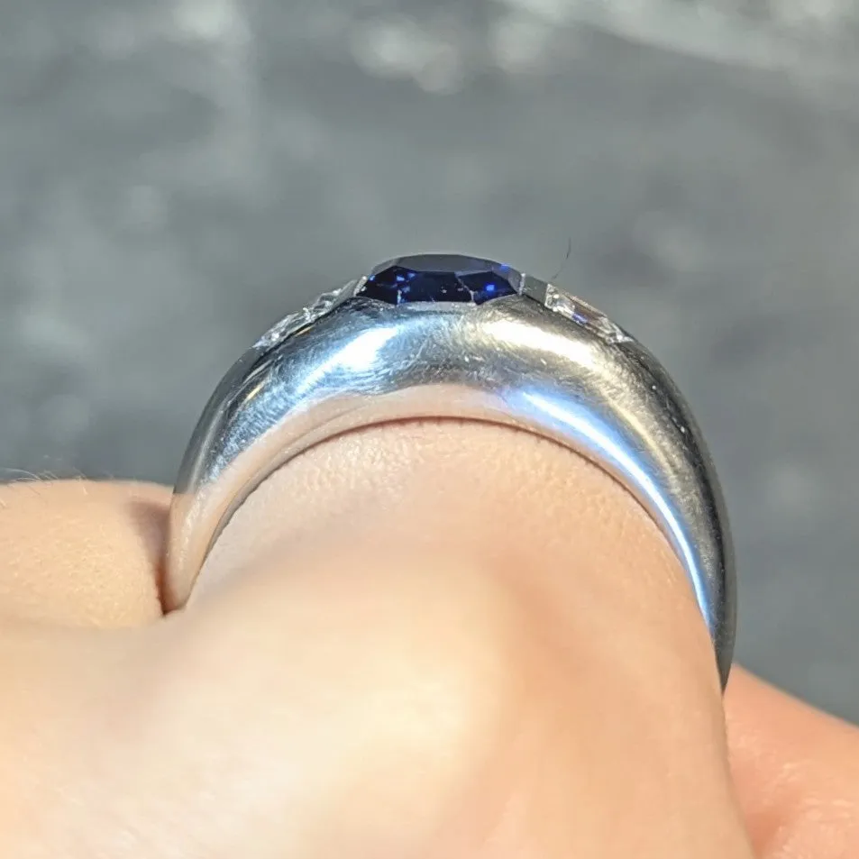 Mid-Century 3.07 CTW No Heat Sapphire Diamond Platinum Three Stone Men's Unisex Vintage Ring GIA