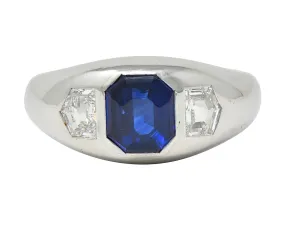 Mid-Century 3.07 CTW No Heat Sapphire Diamond Platinum Three Stone Men's Unisex Vintage Ring GIA