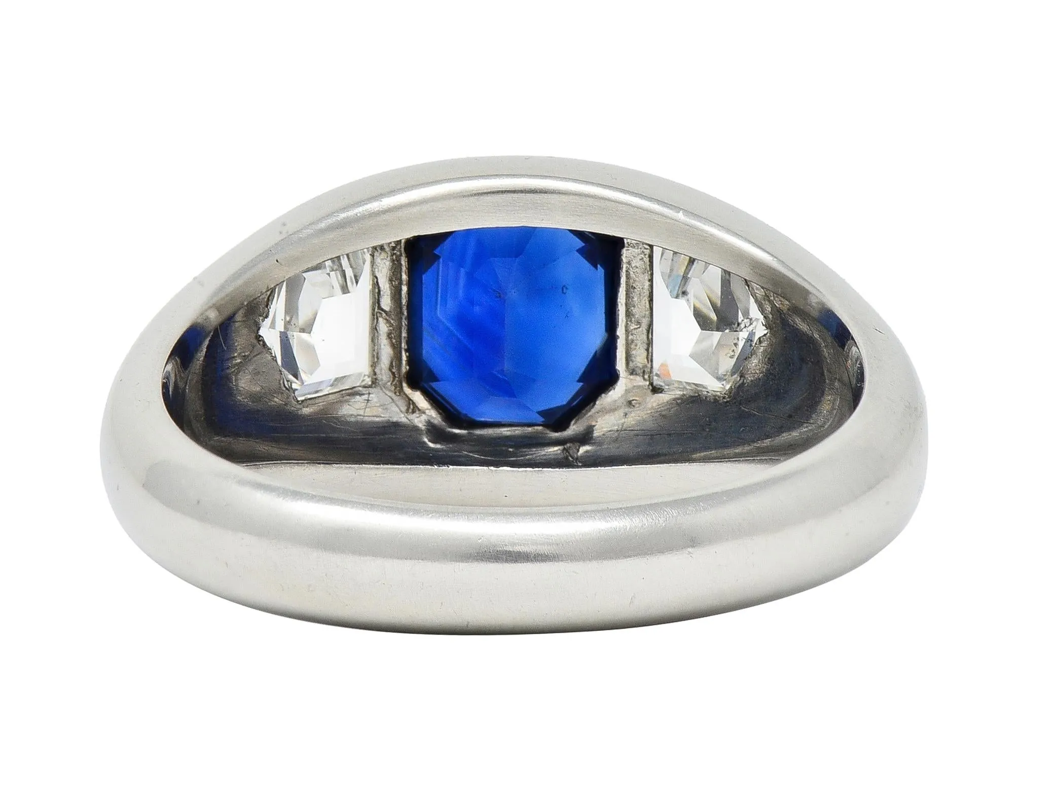 Mid-Century 3.07 CTW No Heat Sapphire Diamond Platinum Three Stone Men's Unisex Vintage Ring GIA