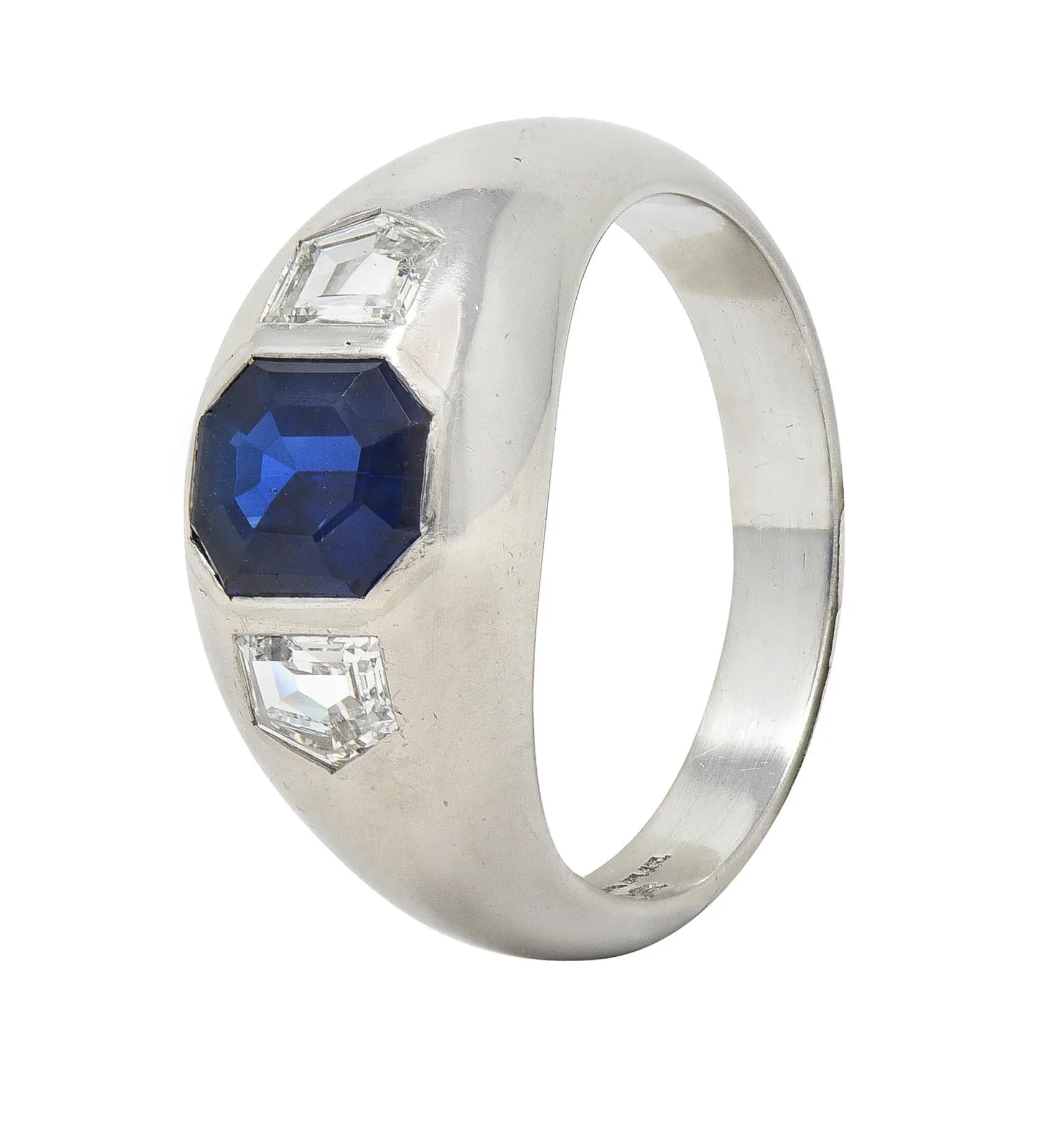 Mid-Century 3.07 CTW No Heat Sapphire Diamond Platinum Three Stone Men's Unisex Vintage Ring GIA