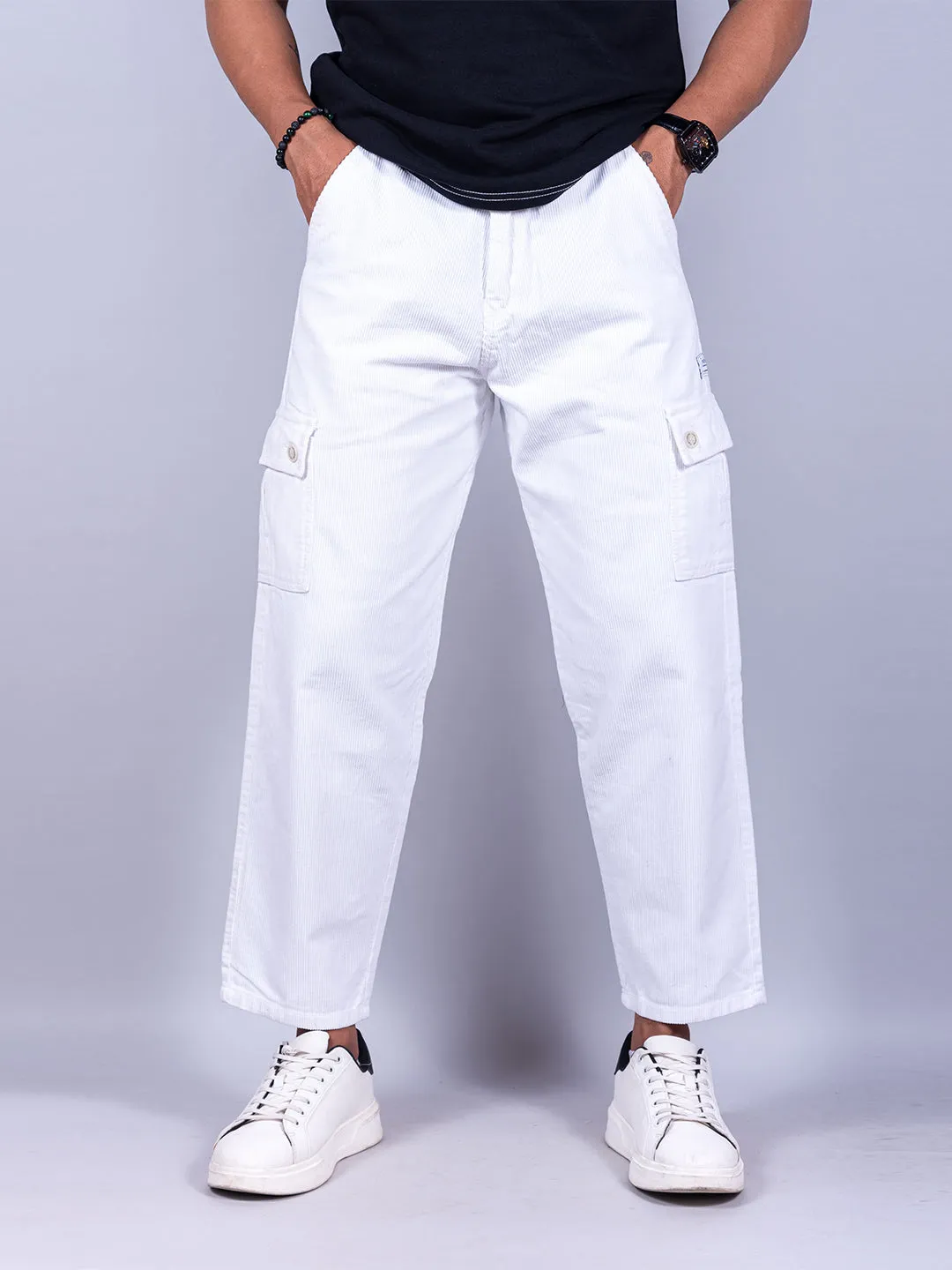 Midnight White Baggy Fit Corduroy Cargo Pants