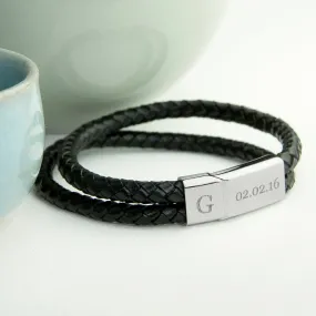 Personalised Men's Dual Leather Woven Bracelet In Black